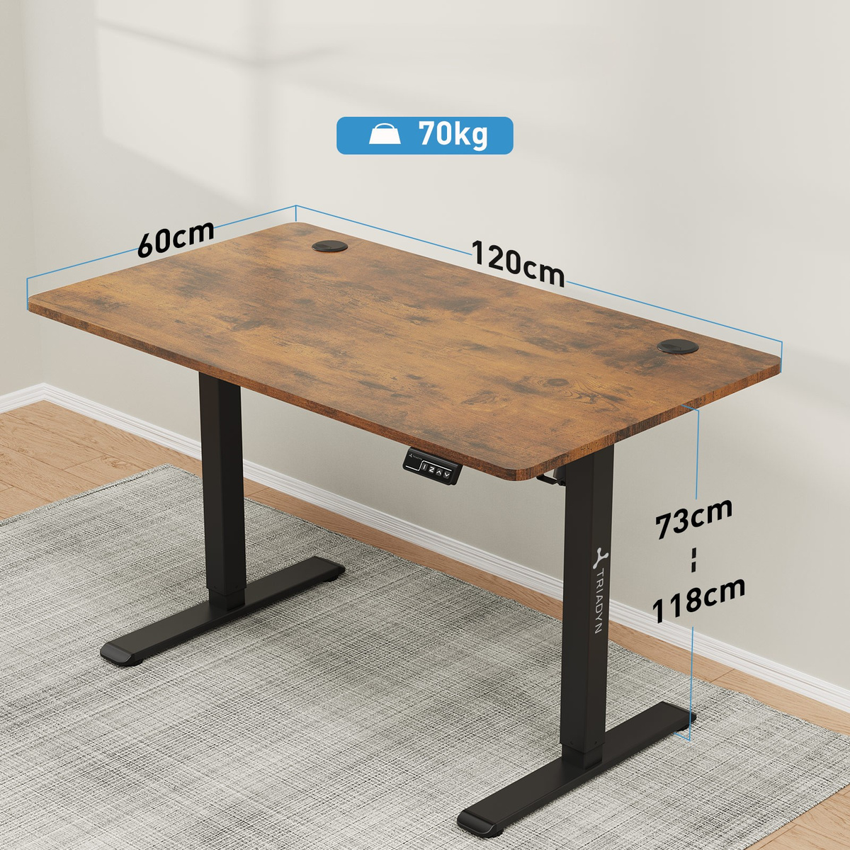 Biurko z regulacją wysokości i rustykalnym blatem, 120x60cm, ładowność 70kg.