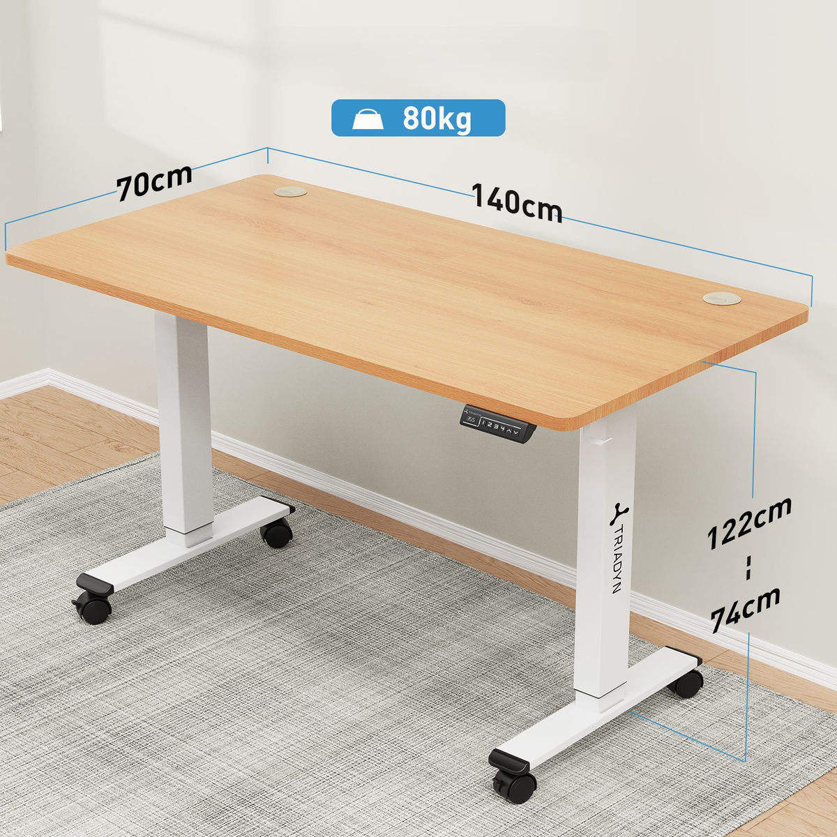 Biurko z regulacją wysokości, drewniany blat, białe nogi, kółka i panel sterowania. Maks. obciążenie 80kg.