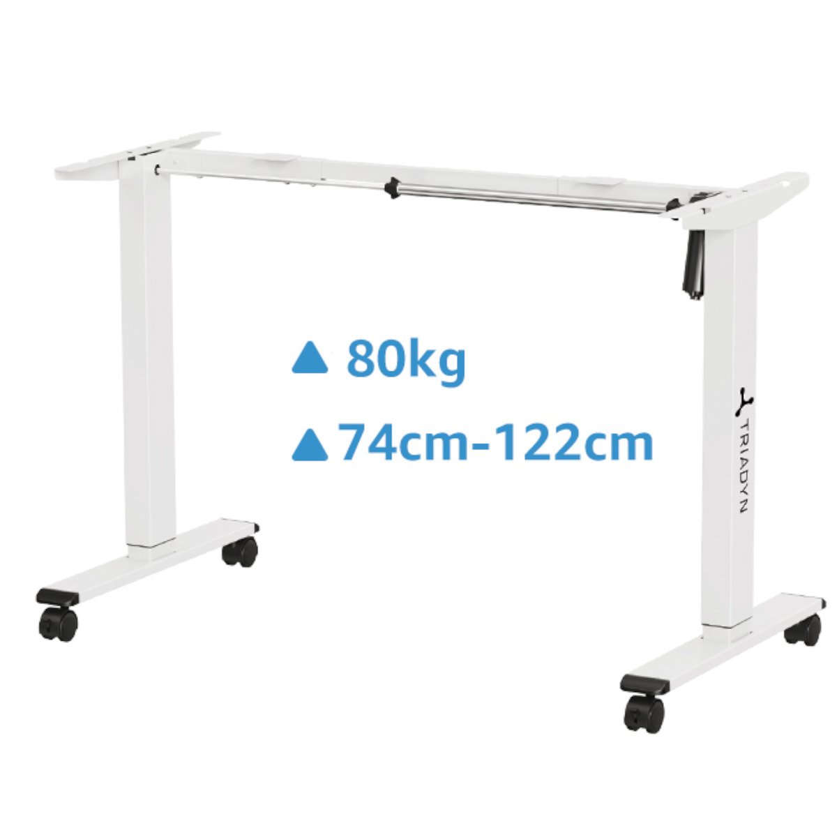 Biała rama regulowanego biurka stojącego z kółkami. Udźwig 80kg, wysokość 74-122cm.