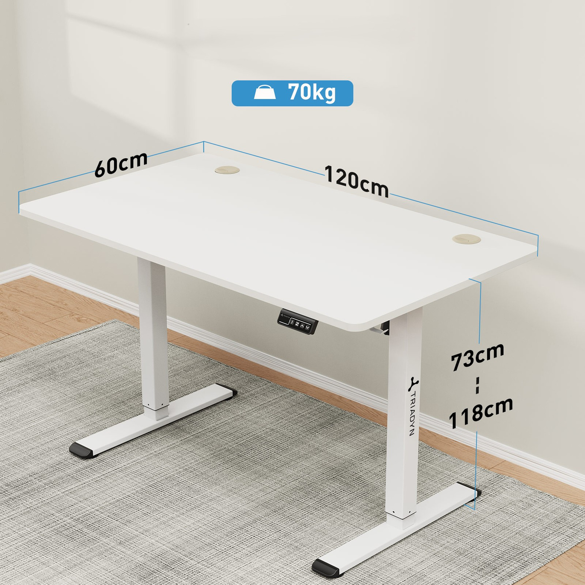 Białe biurko, 120x60cm, regulacja wysokości 73-118cm, udźwig 70kg.