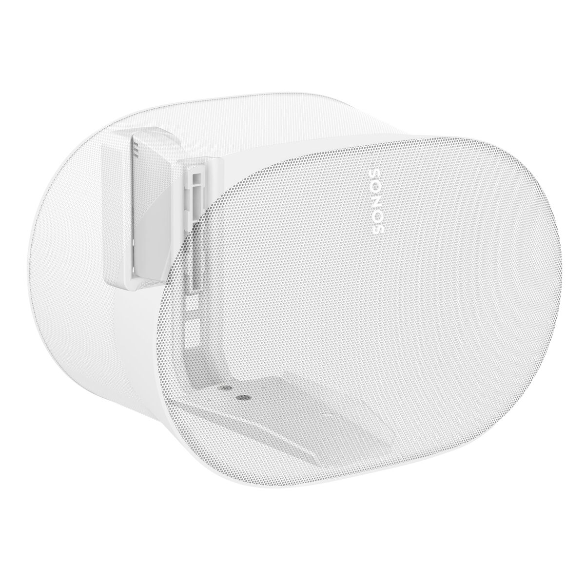 Ein weißer Sonos-Lautsprecher mit Gitter und Wandhalterung ist abgebildet.