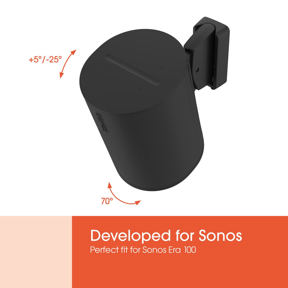 Schwarzer Sonos Era 100 Lautsprecher an Wandhalterung mit Winkelangaben.