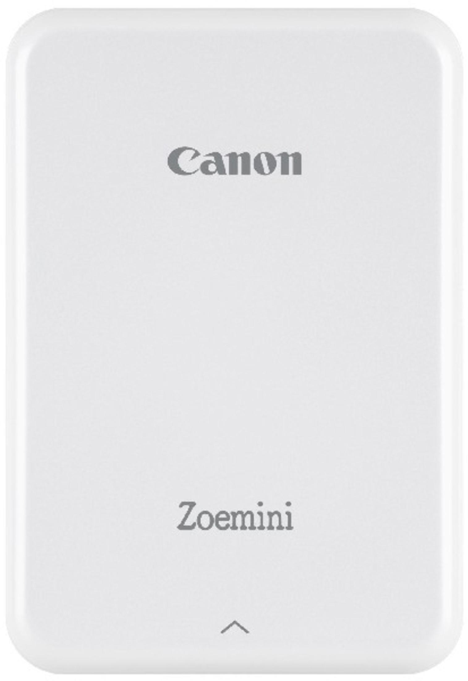 Biała drukarka Canon Zoemini z szarym tekstem i małą ikoną strzałki na dole.
