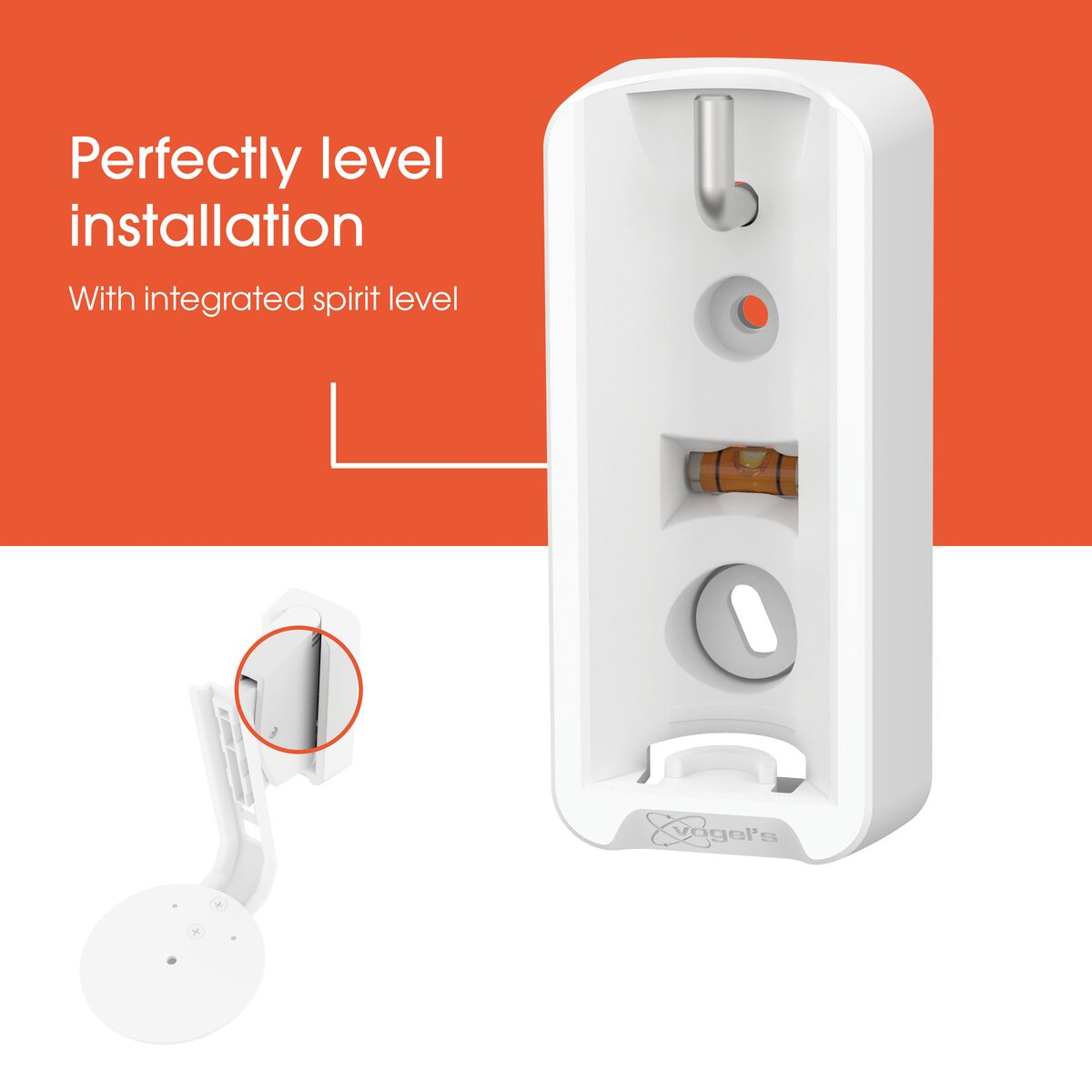 Weiße Wandhalterung mit integriertem Wasserwaage und Text 'Perfekte Installation'.
