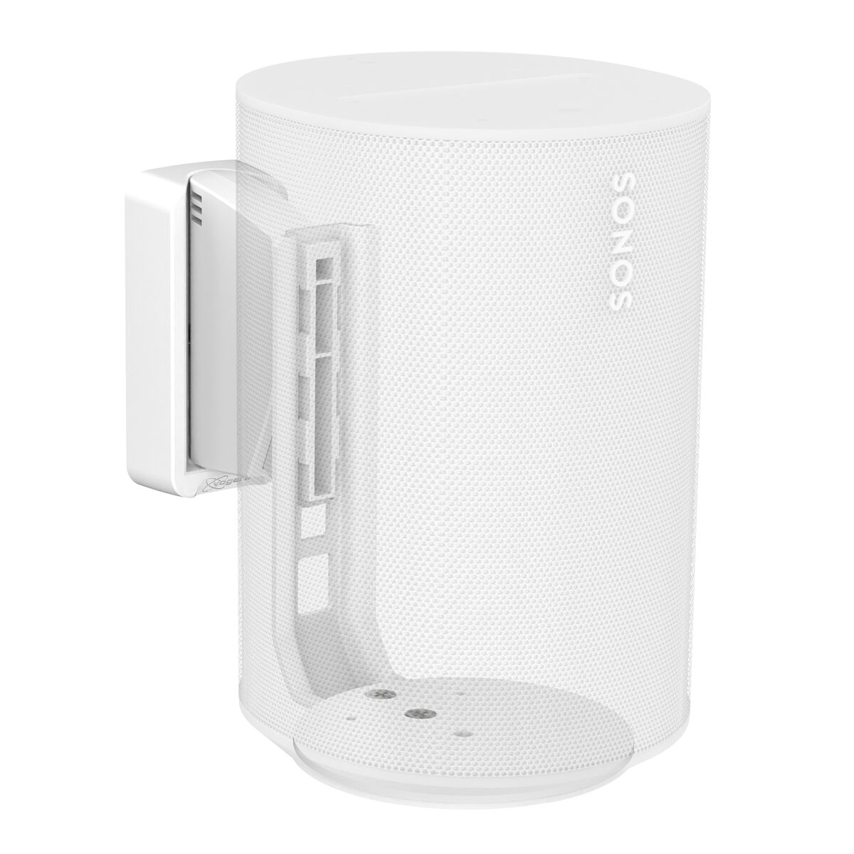 Weiße Sonos-Lautsprecherhalterung mit Lautsprecher an der Wand montiert.