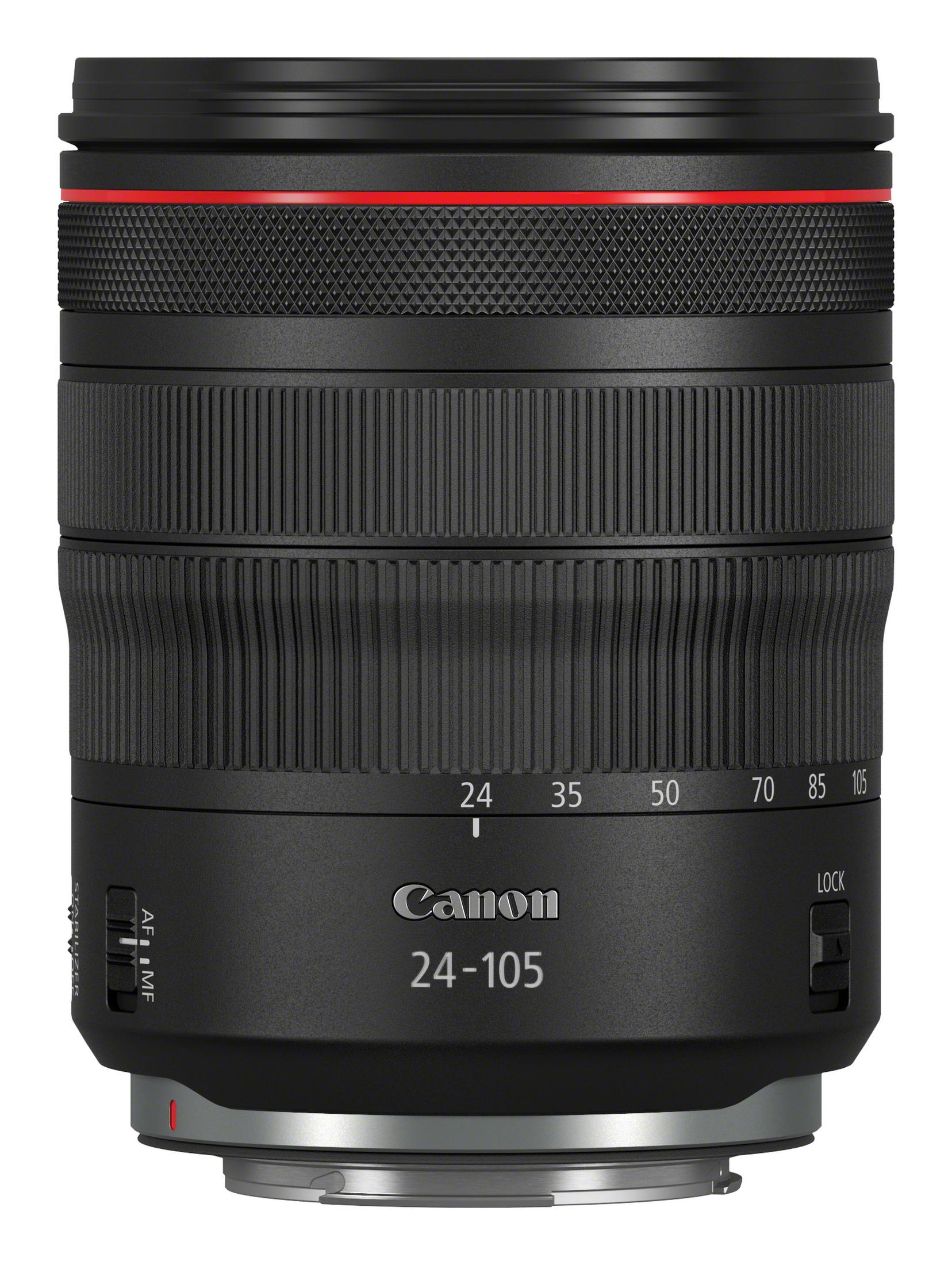 Schwarzes Canon 24-105mm Objektiv mit rotem Ring und Zoommarkierungen.