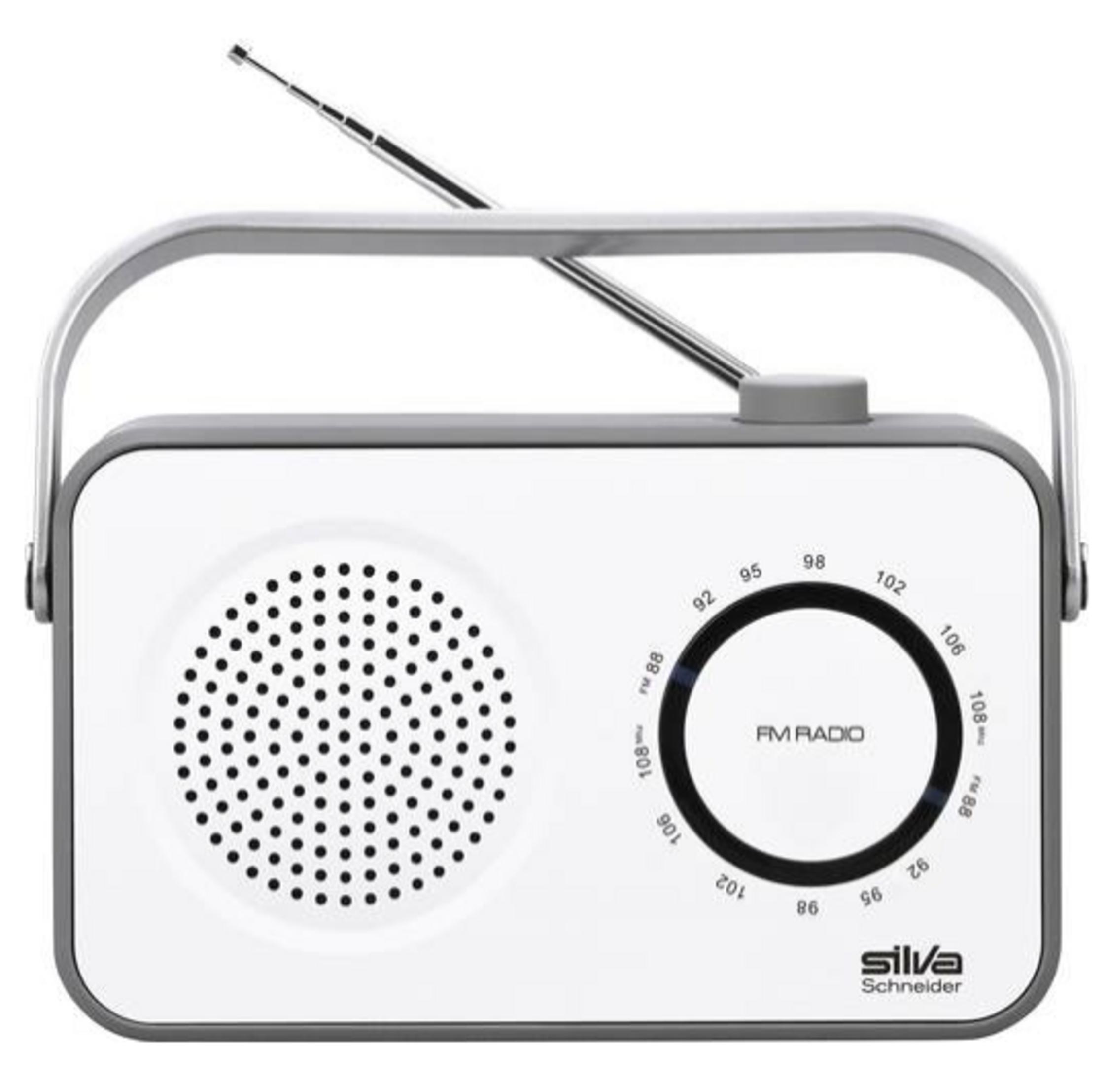 Ein weißes FM-Radio mit grauer Umrandung, Tragegriff und ausziehbarer Antenne.