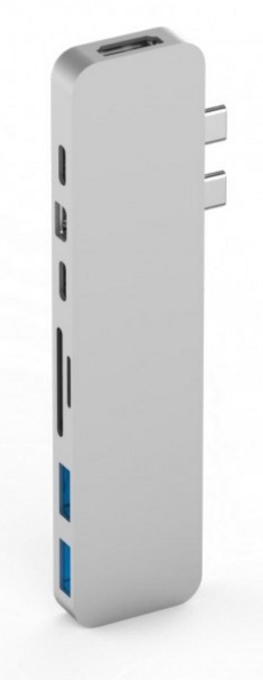 Hub USB-C argento con più porte: HDMI, USB-A, scheda SD e porte USB-C blu.