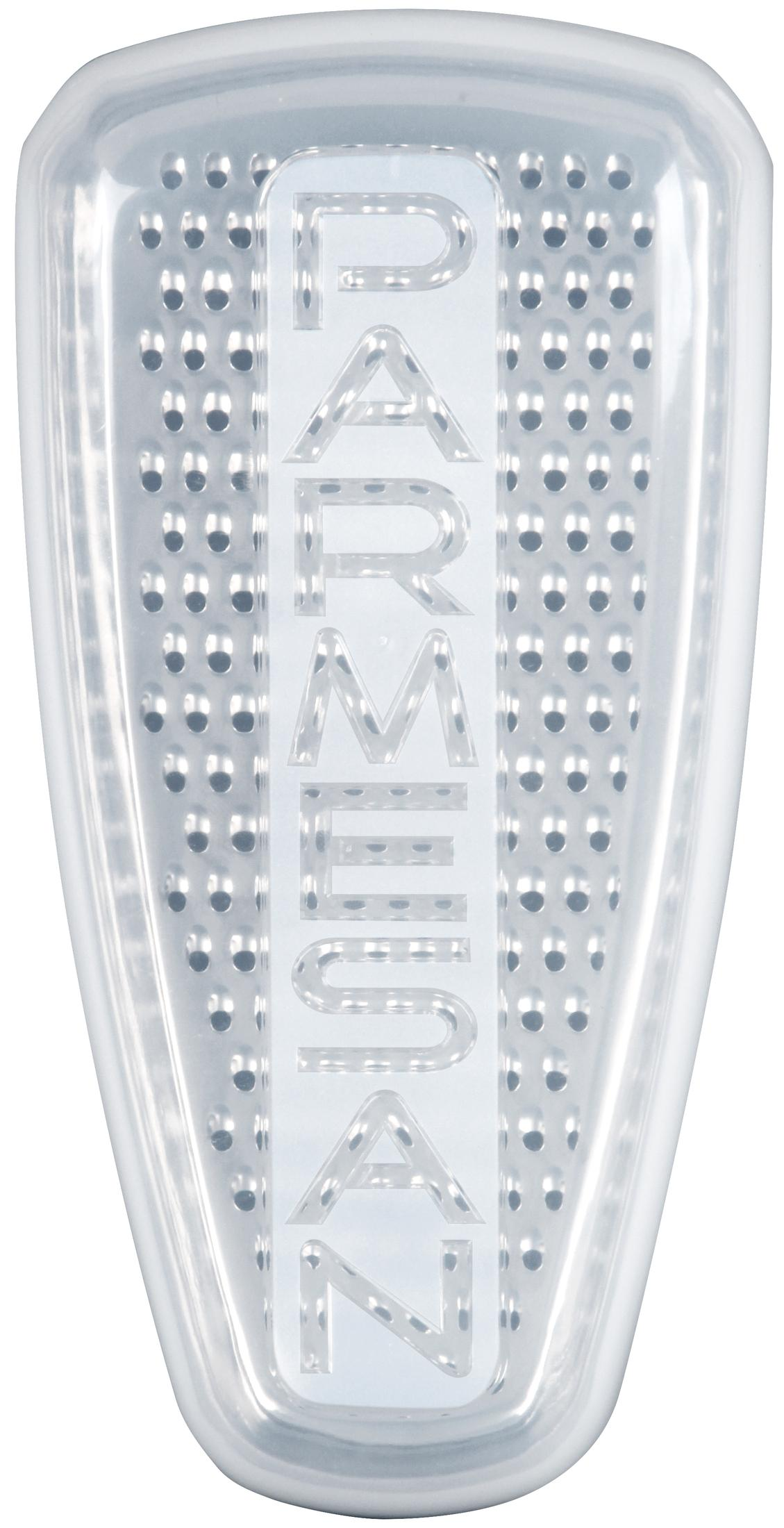 Ein transparenter Reibekäserahmen mit Löchern und dem Wort PARMESAN