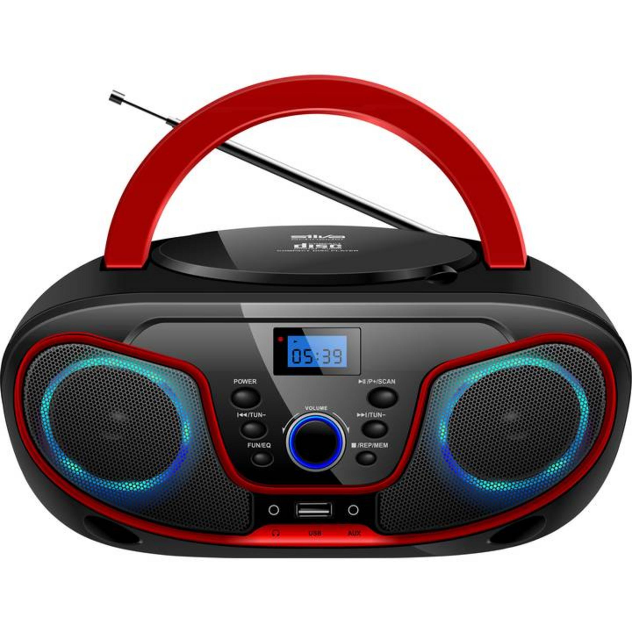 Schwarzer CD-Player mit rotem Griff, zwei Lautsprechern mit blauen Lichtern und einem Display.