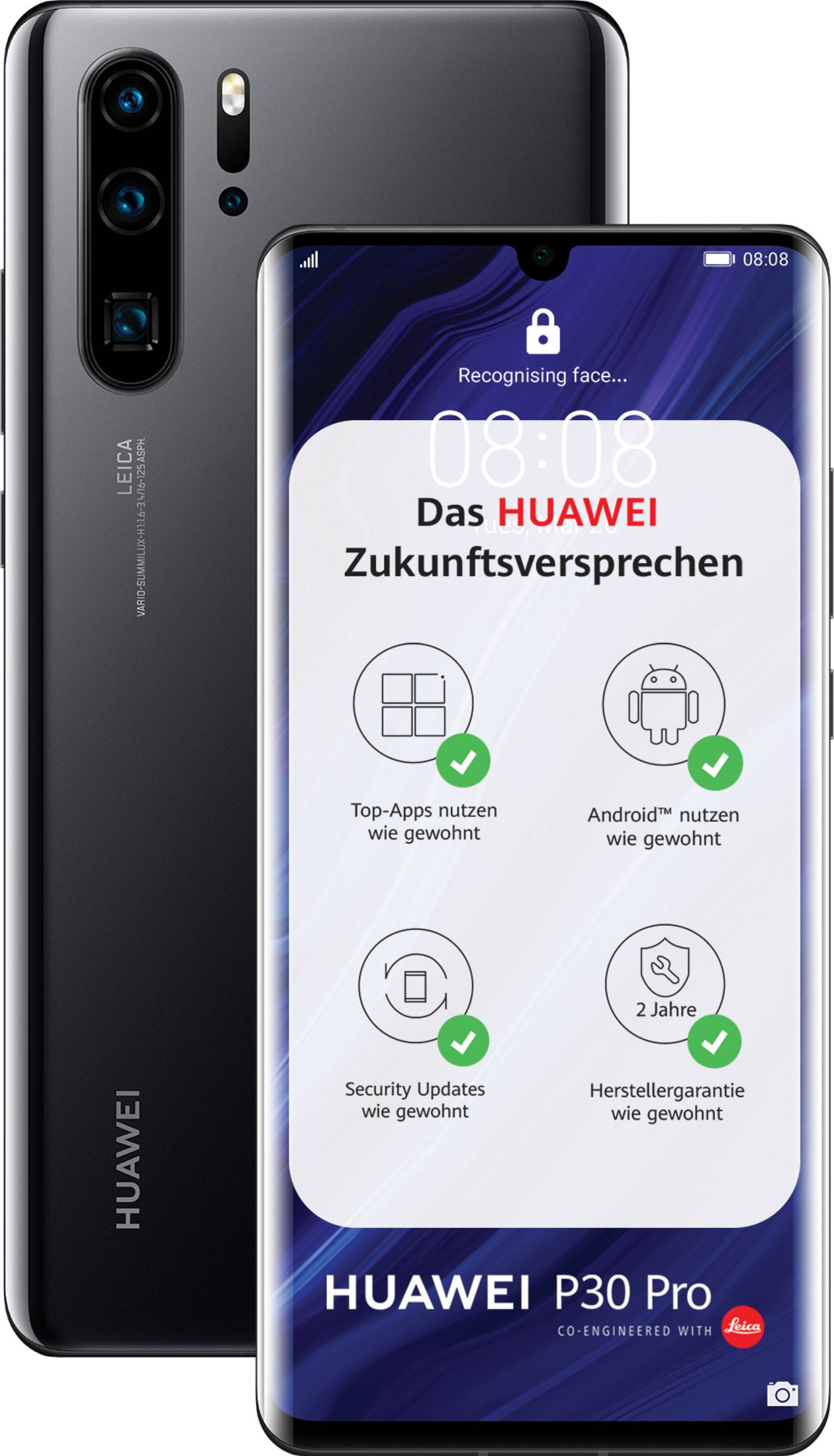 Zwei Huawei P30 Pro Handys nebeneinander, eins zeigt die Rückseite mit Kameras, das andere den Bildschirm.