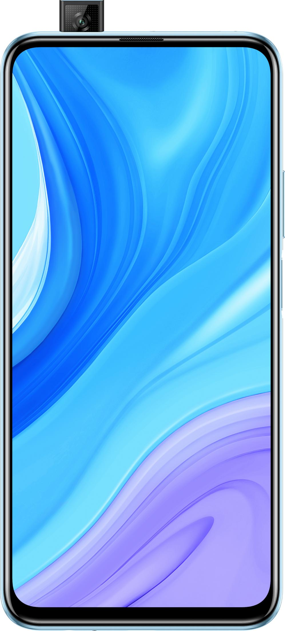 Ein hellblaues Smartphone mit ausfahrbarer Frontkamera und blau-violetter Tapete.
