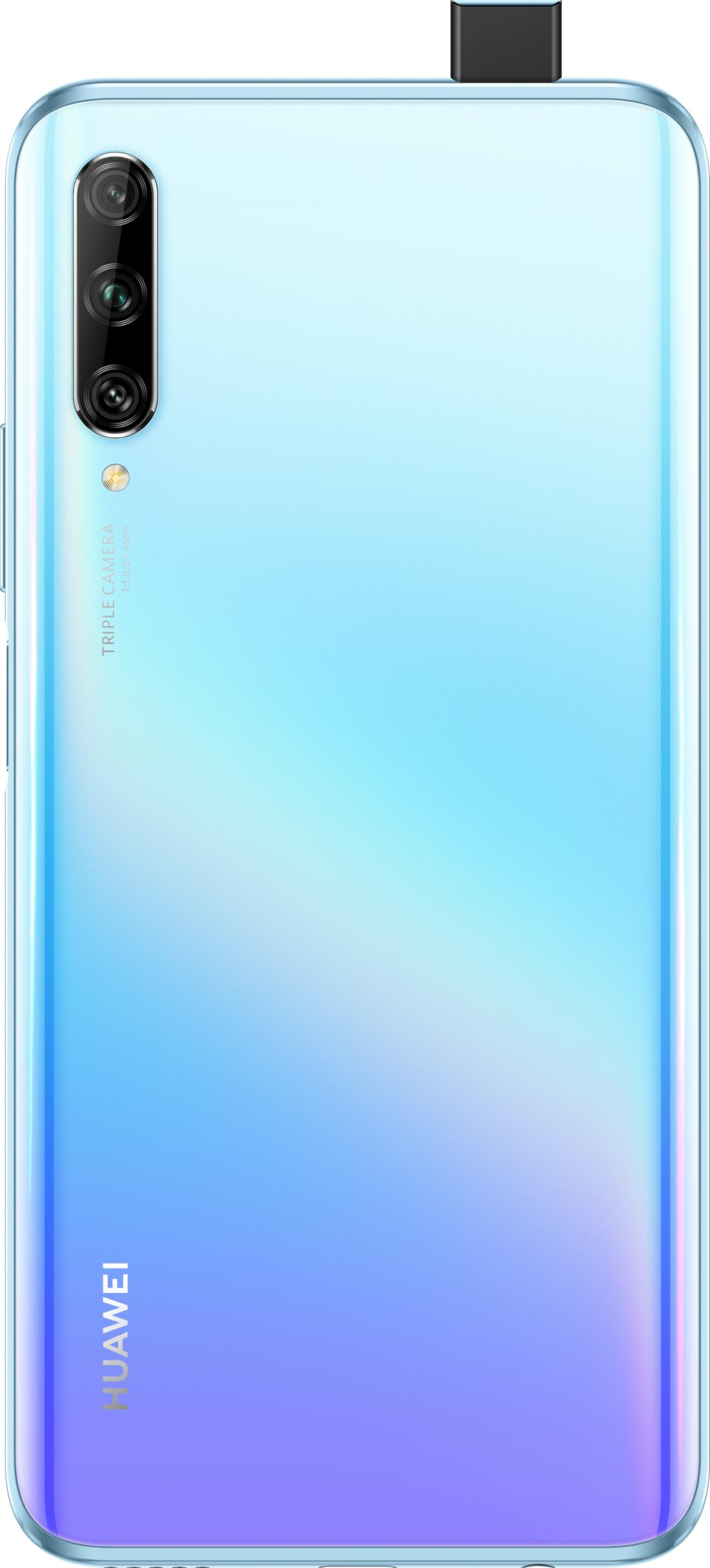 Rückseite eines Huawei-Handys mit Dreifachkamera und Pop-up-Selfie-Kamera. Blauer Verlauf.