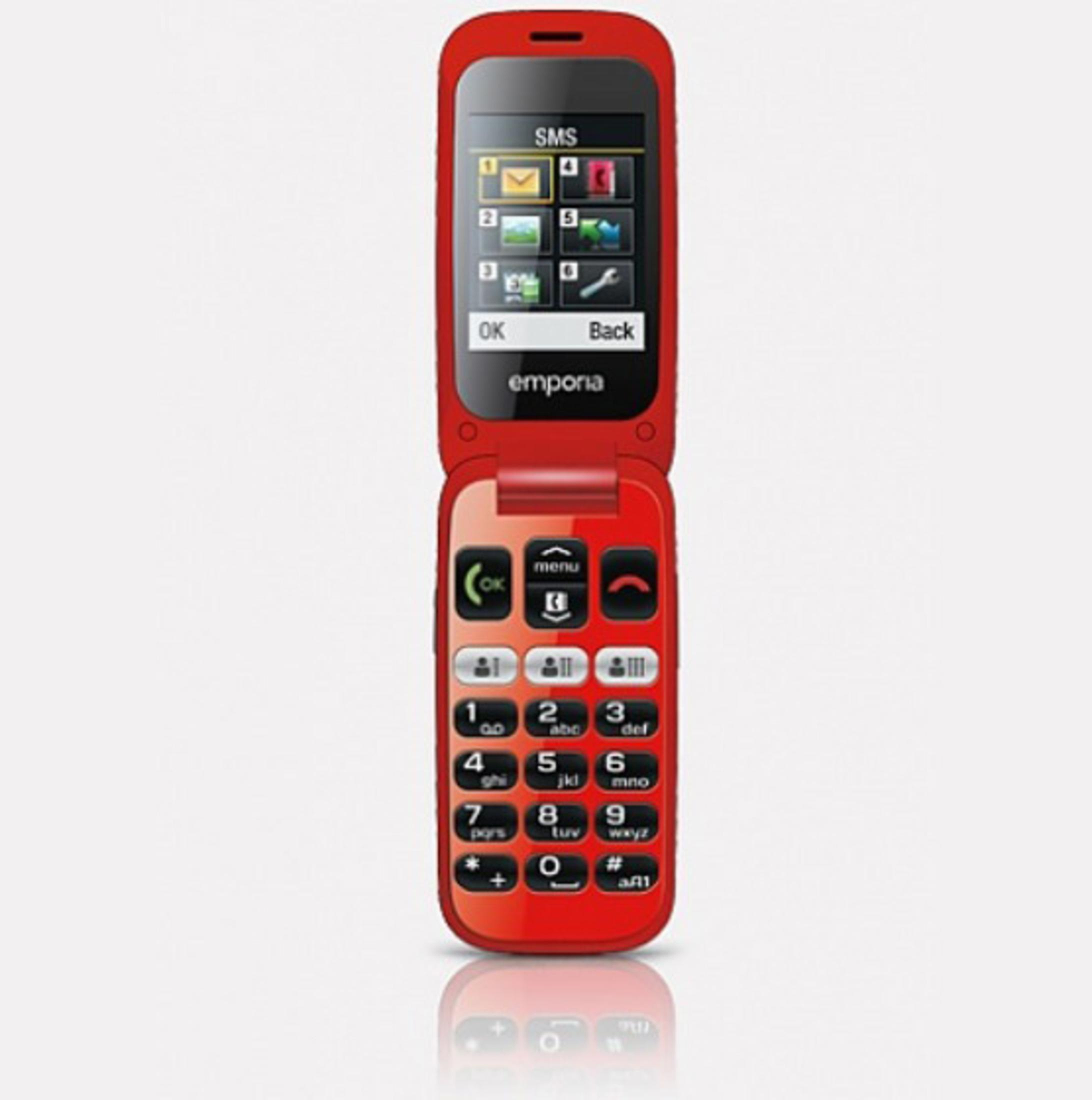 Un telefono a conchiglia rosso con tastiera e schermo che mostra SMS.