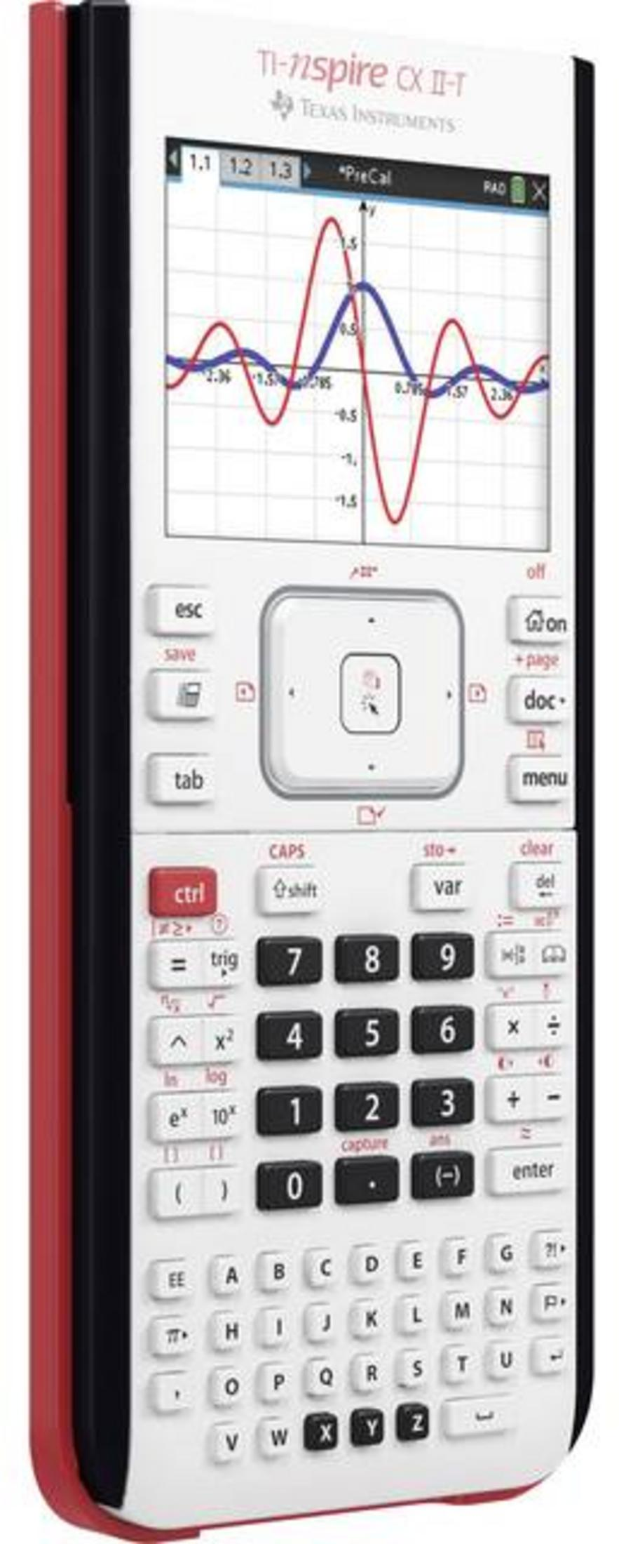Ein Texas Instruments TI-Nspire CX II-T Taschenrechner mit Graphen auf dem Display.