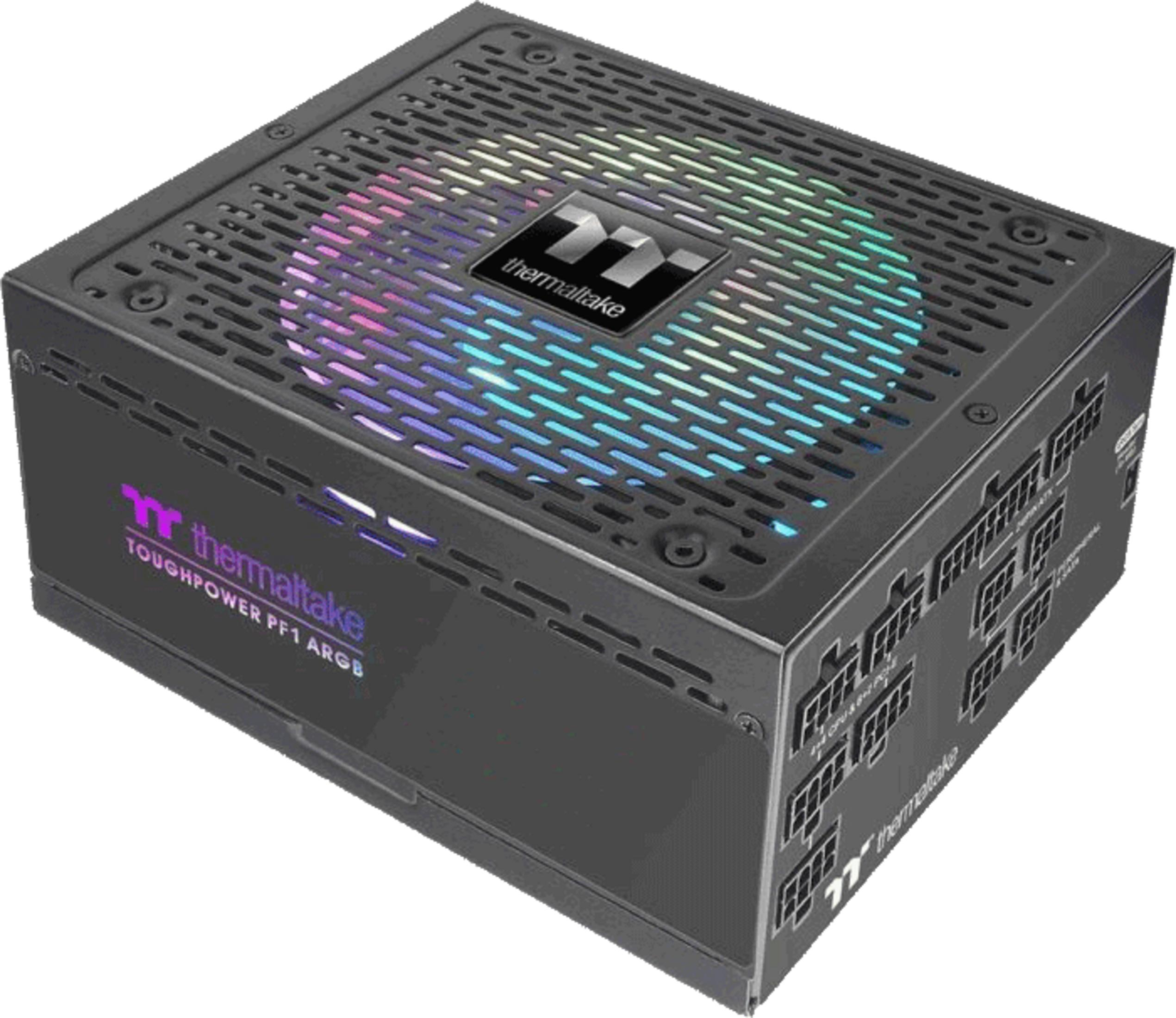 Un alimentatore Thermaltake Toughpower PF1 ARGB nero con illuminazione RGB.