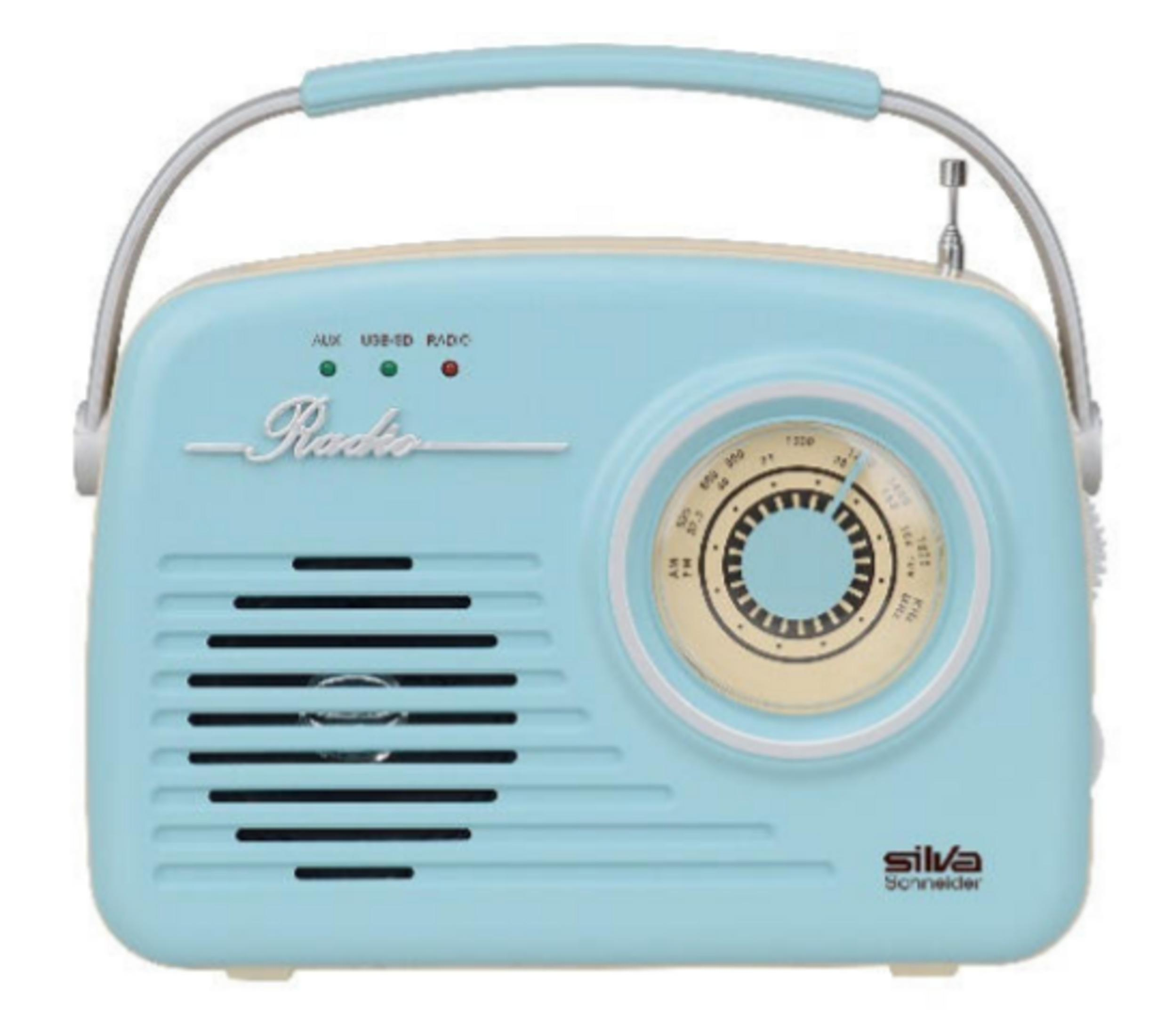 Una radio retrò azzurra con manico argentato e quadrante di sintonia beige.