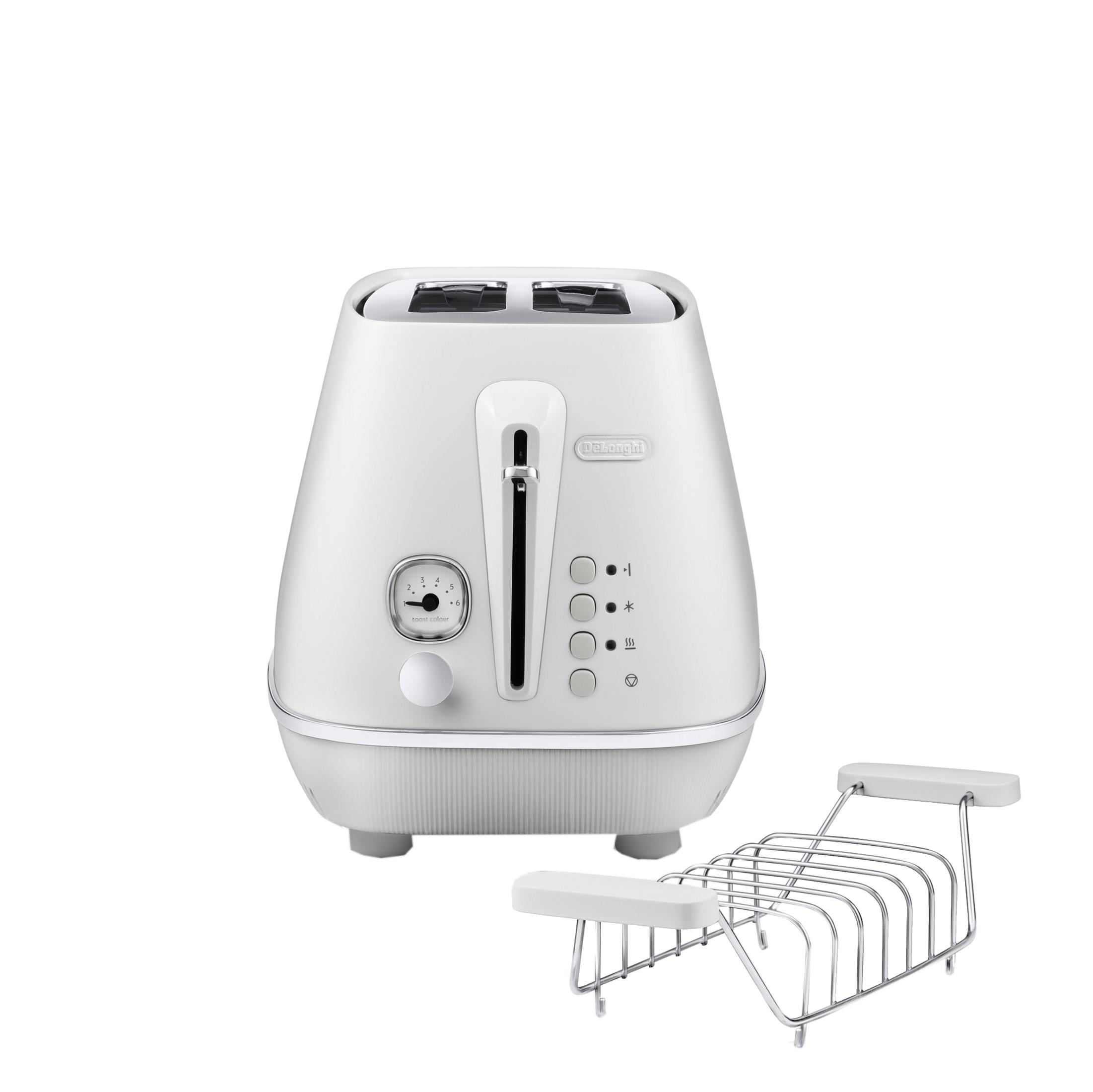 Ein weißer Toaster mit Brötchenrost. Unten ist eine Drehrad und daneben vier Knöpfe.