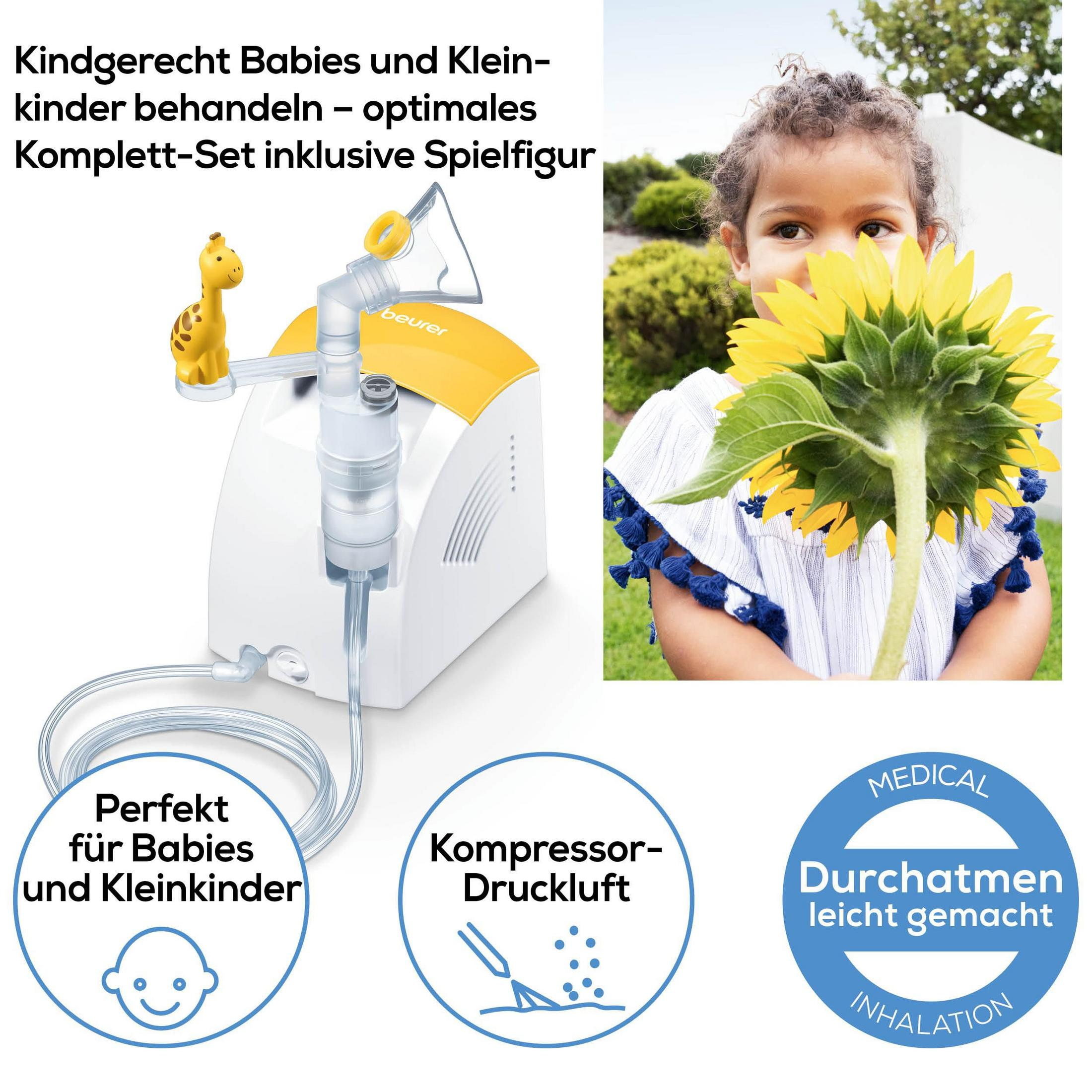 Un nébuliseur blanc et jaune avec figurine de girafe et un enfant avec tournesol.