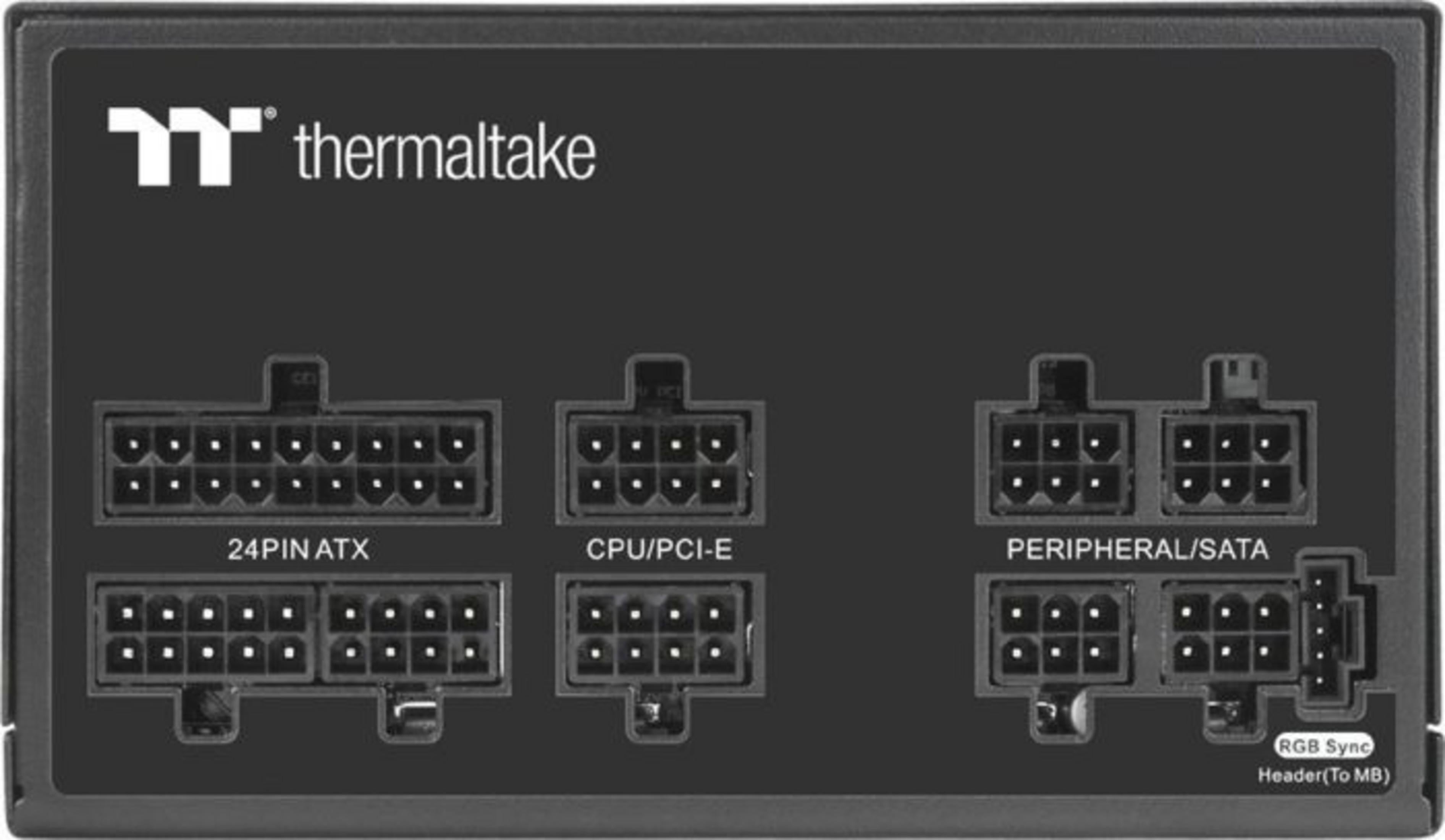 Alimentatore nero con porte: 24-Pin ATX, CPU/PCI-E, Periferica/SATA, Header RGB Sync.