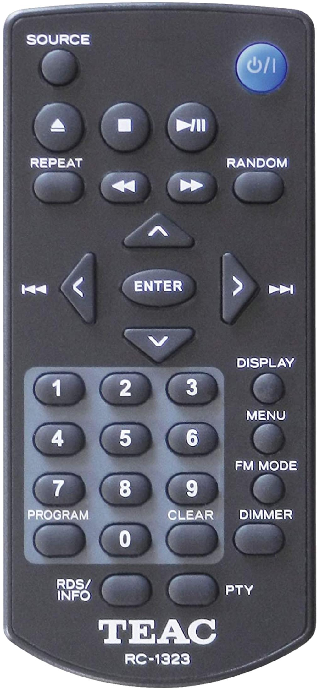 Télécommande noire TEAC RC-1323 avec boutons pour source, lecture et chiffres.