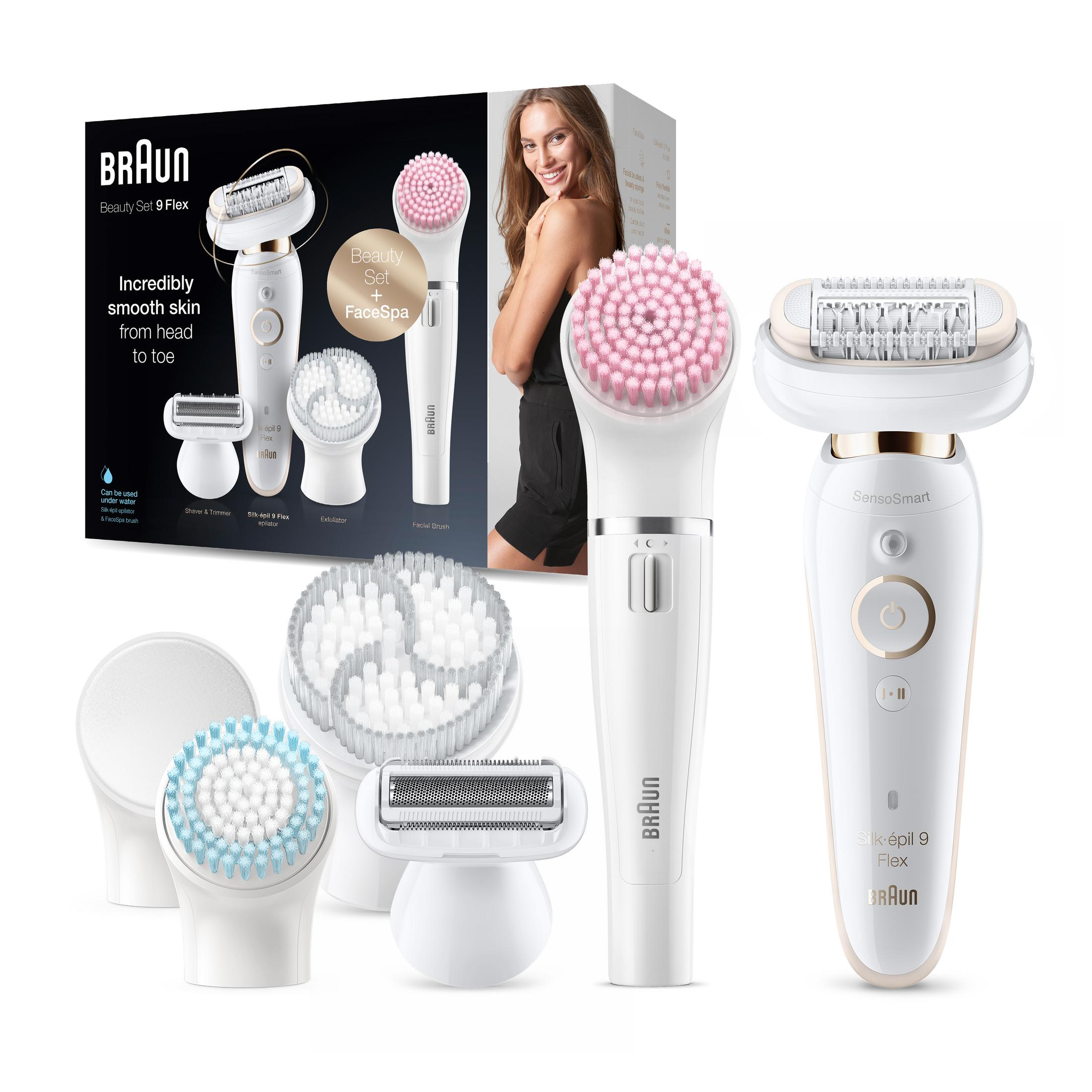 Epilatore Braun Beauty Set 9 Flex con accessori e donna sulla confezione.