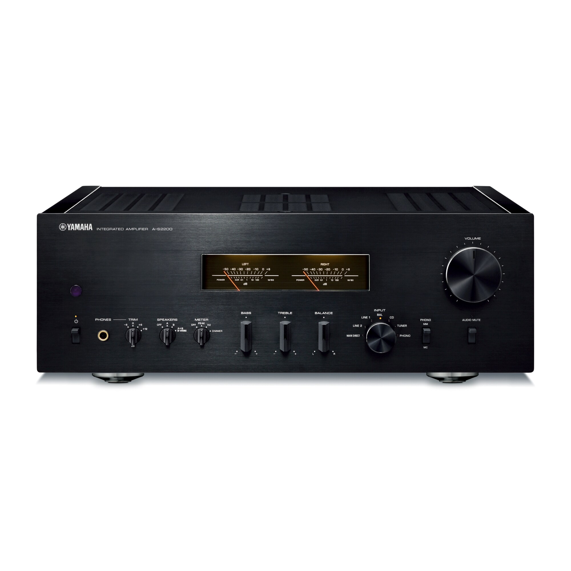 Ön panel kontrolleri, ses düğmesi ve VU metre sahip siyah Yamaha A-S2200 entegre amplifikatör.