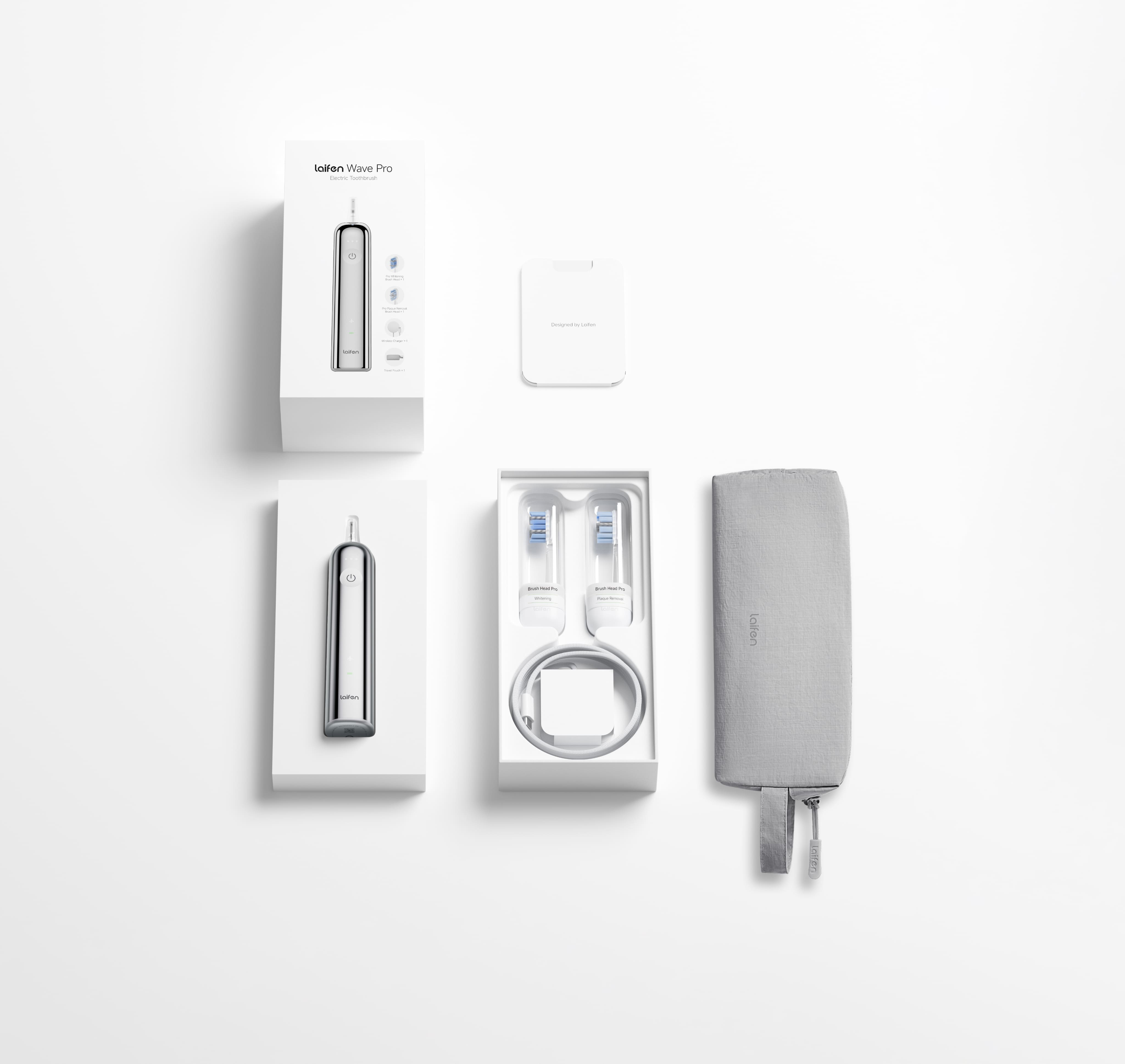 A Laifen Wave Pro electric toothbrush set with accessories on a white background.