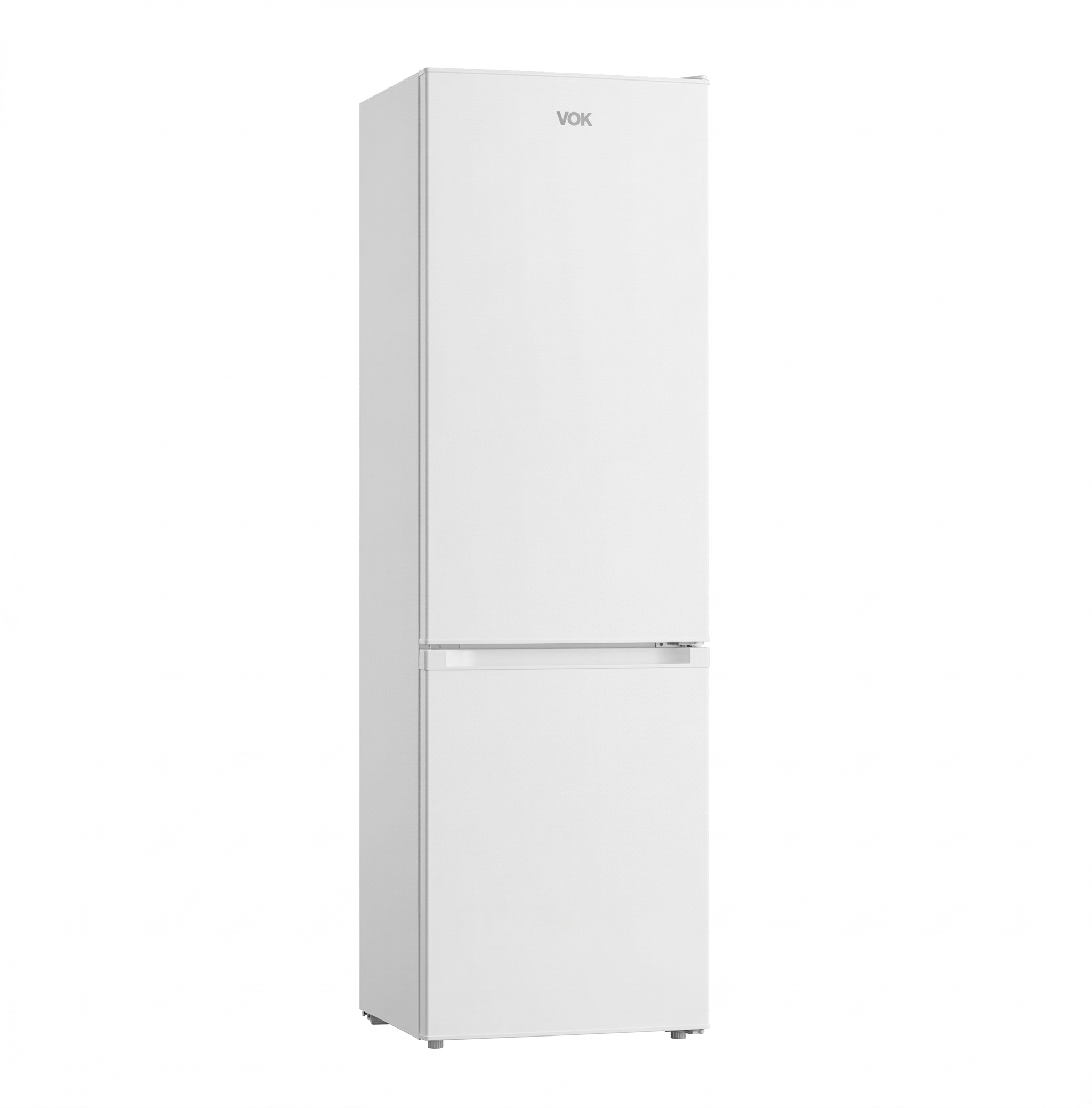 Un refrigerador blanco de dos puertas sobre fondo blanco.