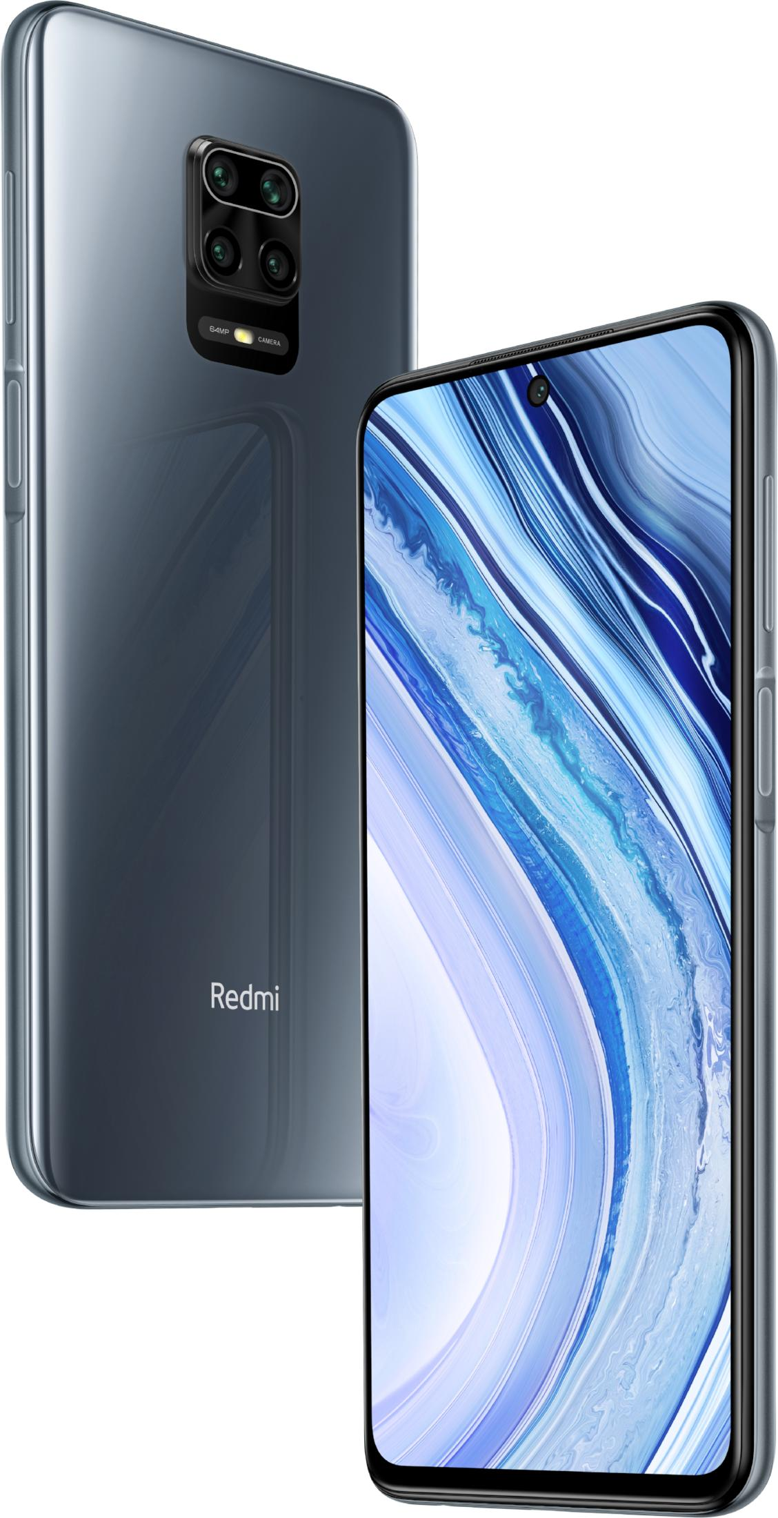 Twee grijze Xiaomi smartphones, één van achteren, één van voren met blauw behang.