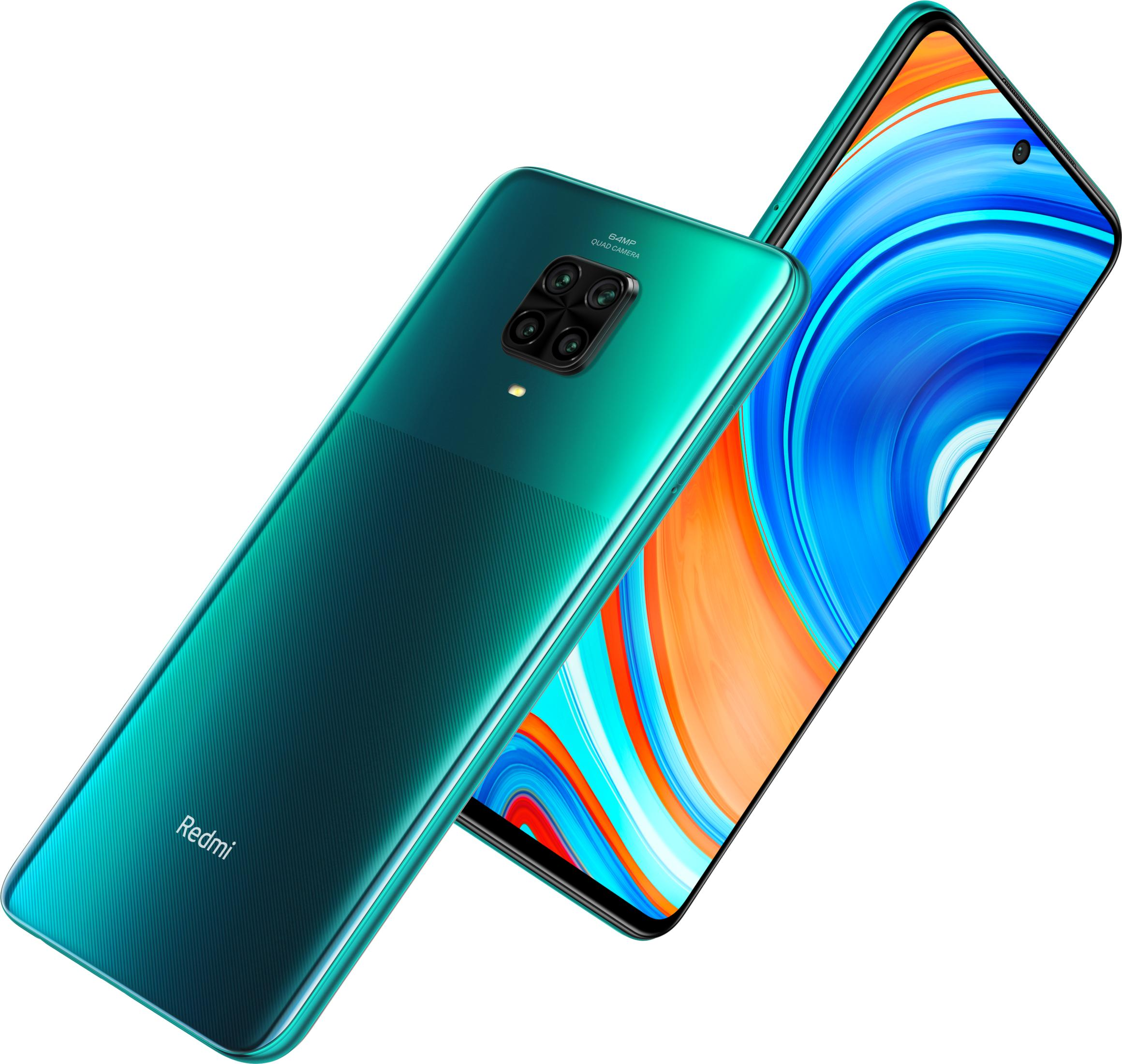 Twee groene smartphones met quadcamera's en kleurrijke schermen staan naast elkaar.