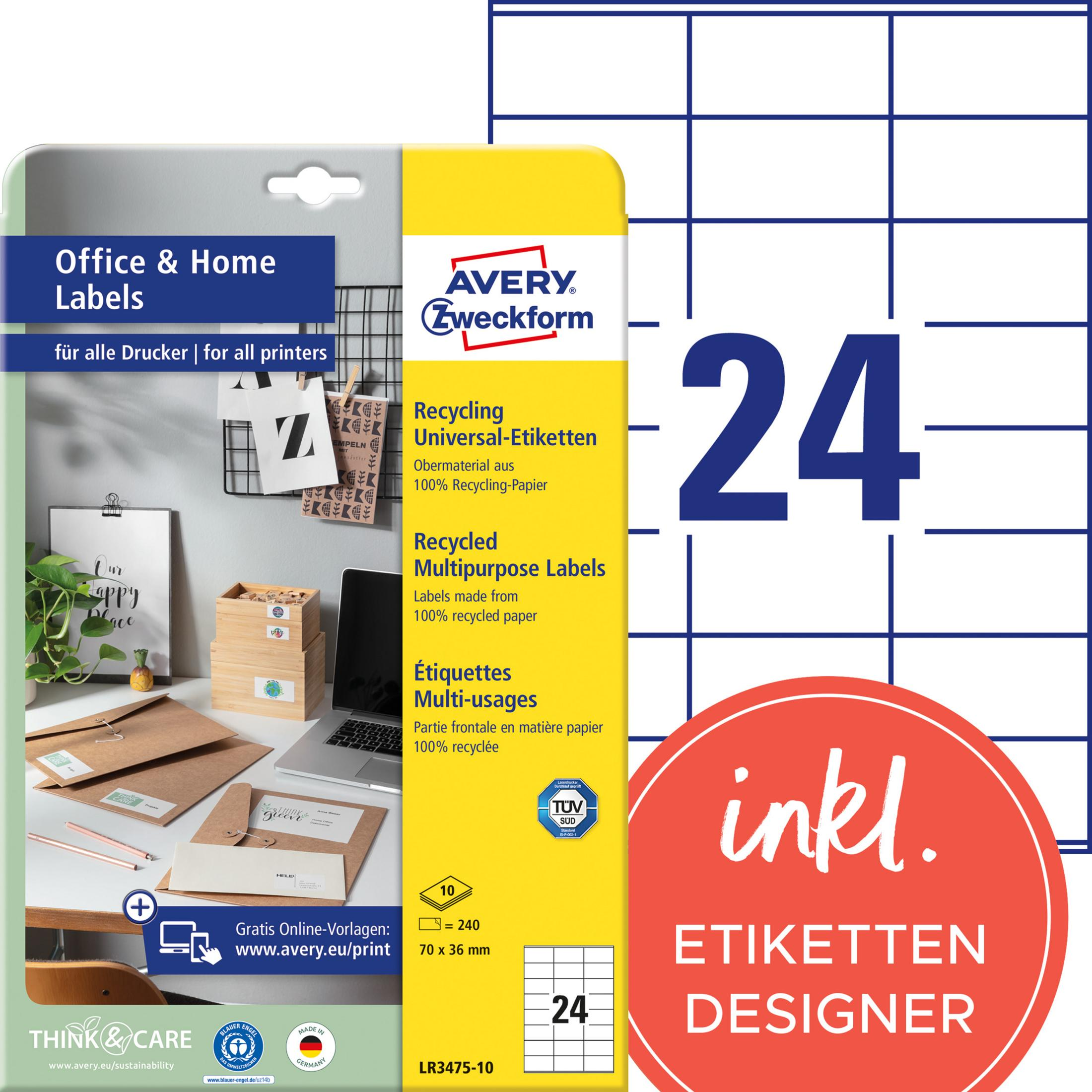 Verpackung mit Avery Zweckform Recycling-Etiketten, 24 Stück, 70x36mm.