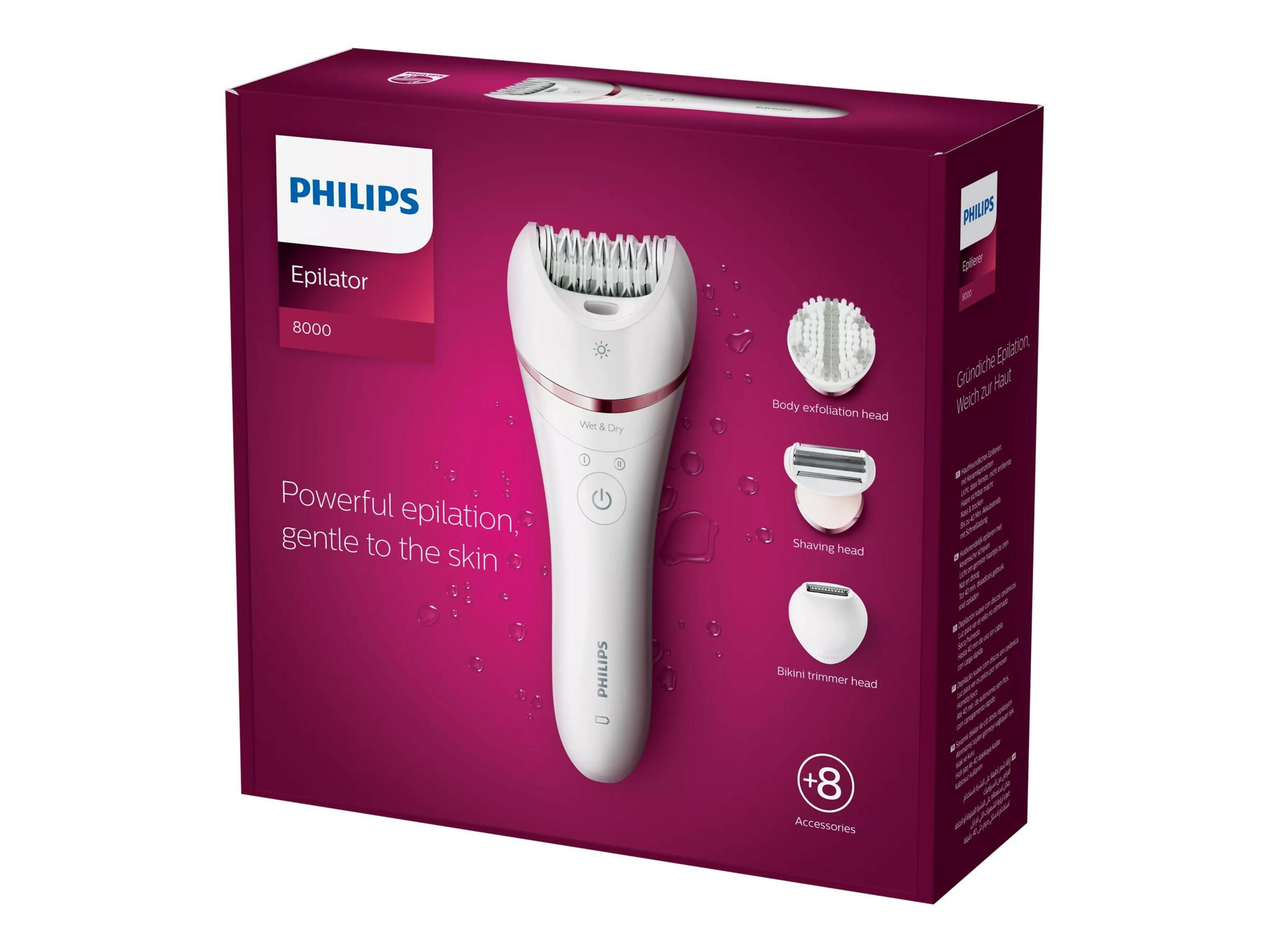 Philips Epilierer 8000 mit Aufsätzen: Körperbürste, Rasierer, Bikini-Trimmer.