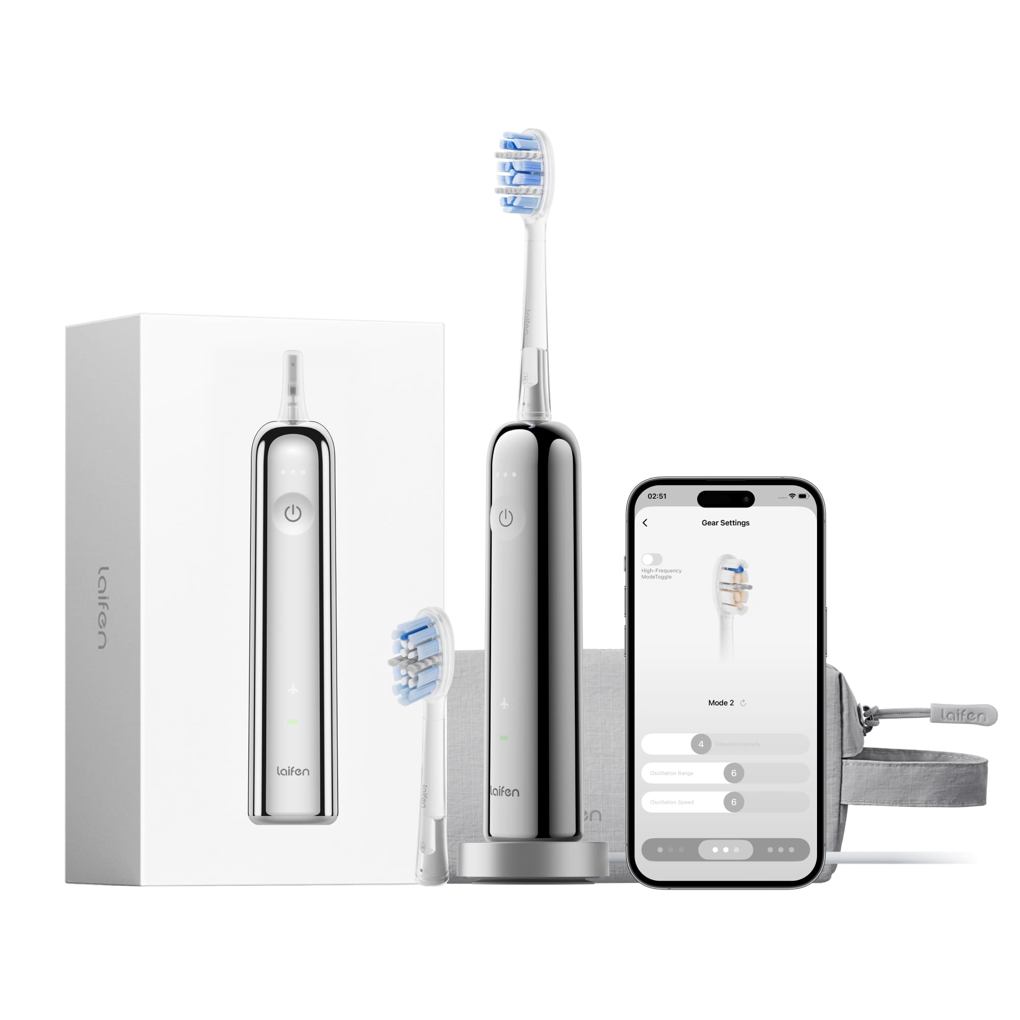 Electric toothbrush with charging box and smartphone app showing settings.
