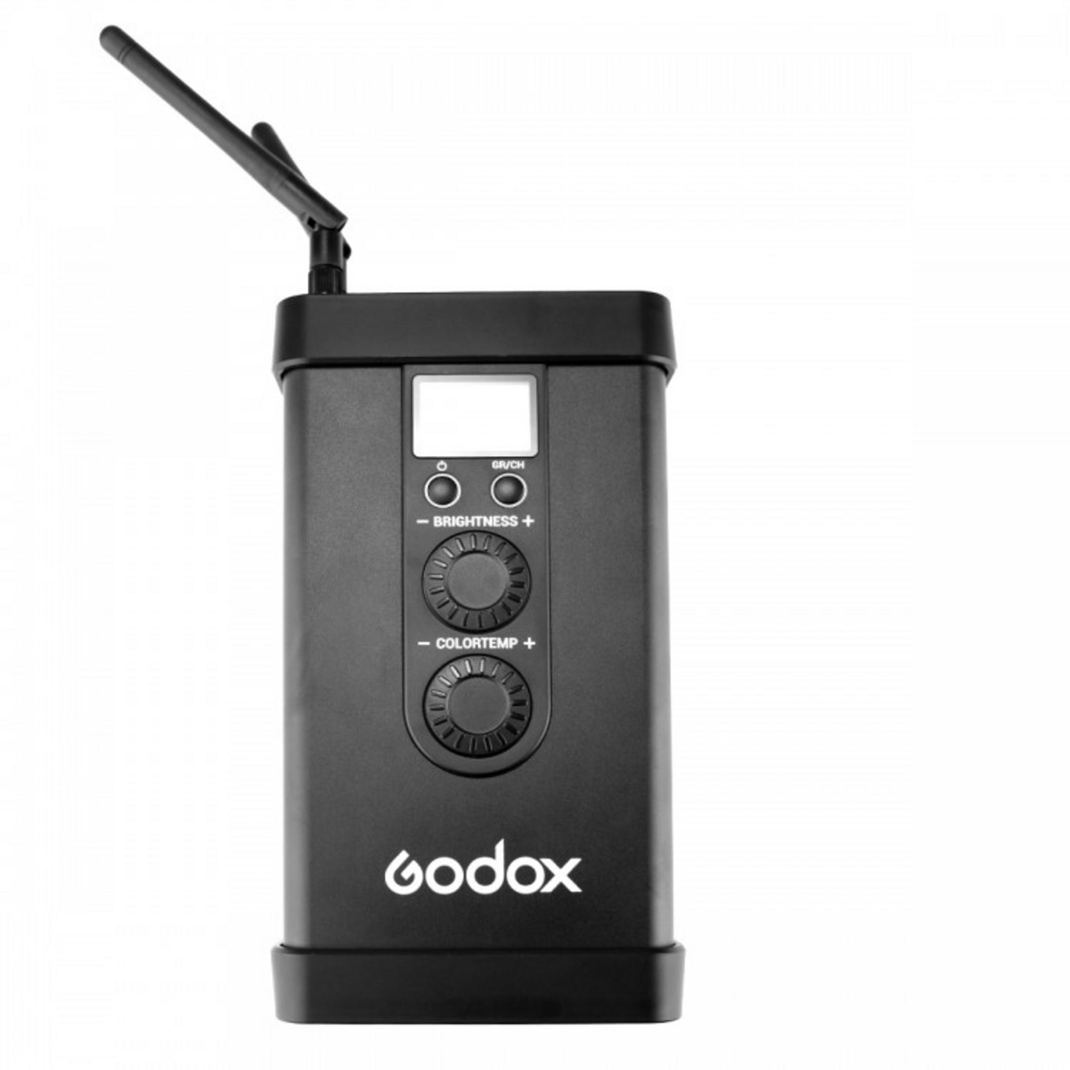 Schwarzes Godox-Gerät mit LCD-Bildschirm, zwei Drehknöpfen und Antenne.