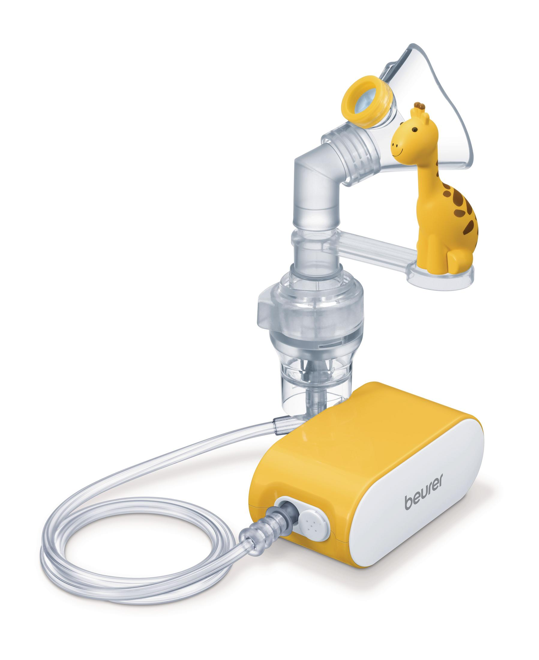 Un nébuliseur jaune avec un design de girafe et une base blanche.