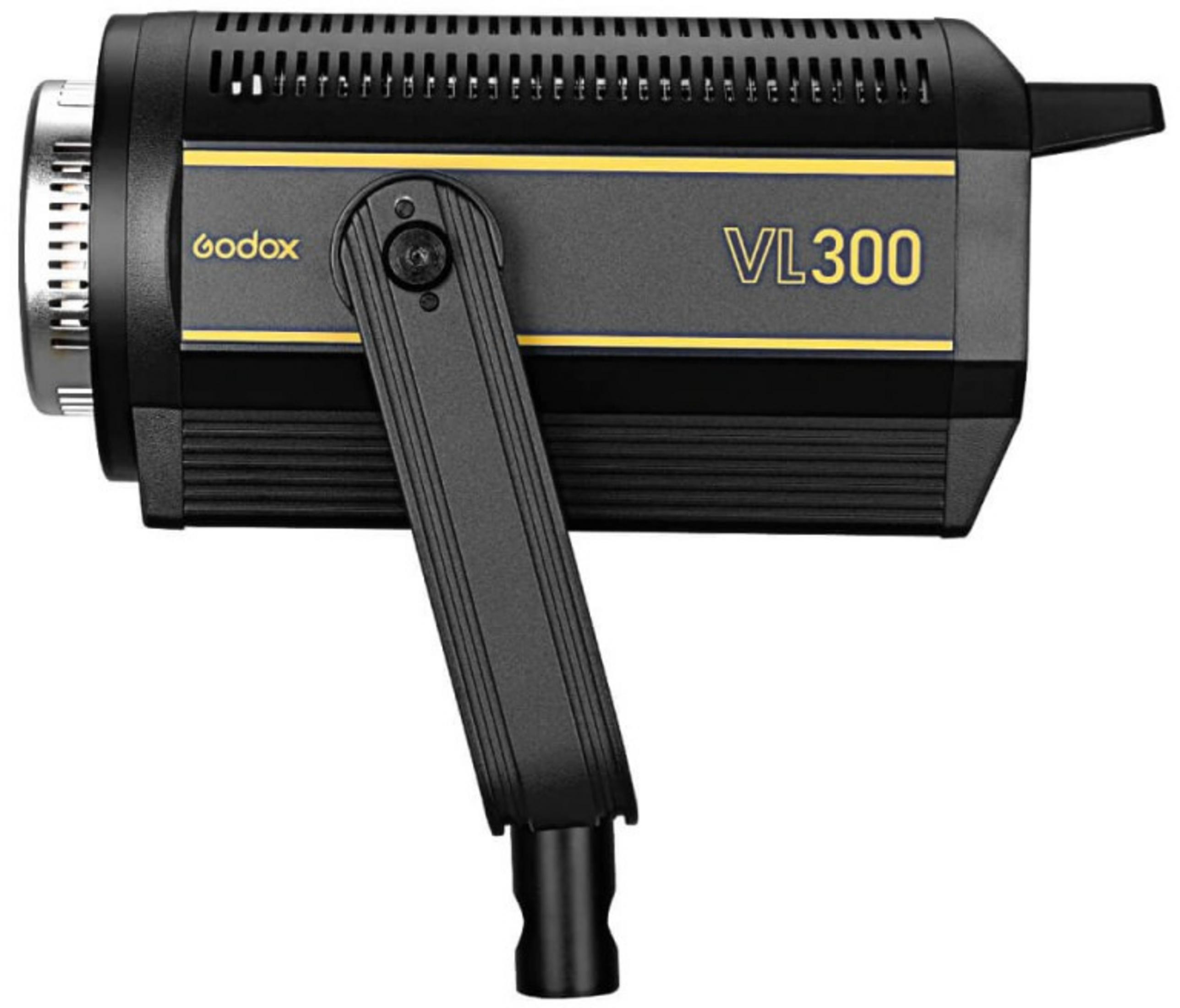 Ein schwarzer Godox VL300 Videolicht mit gelben Akzenten und einem Bügel.