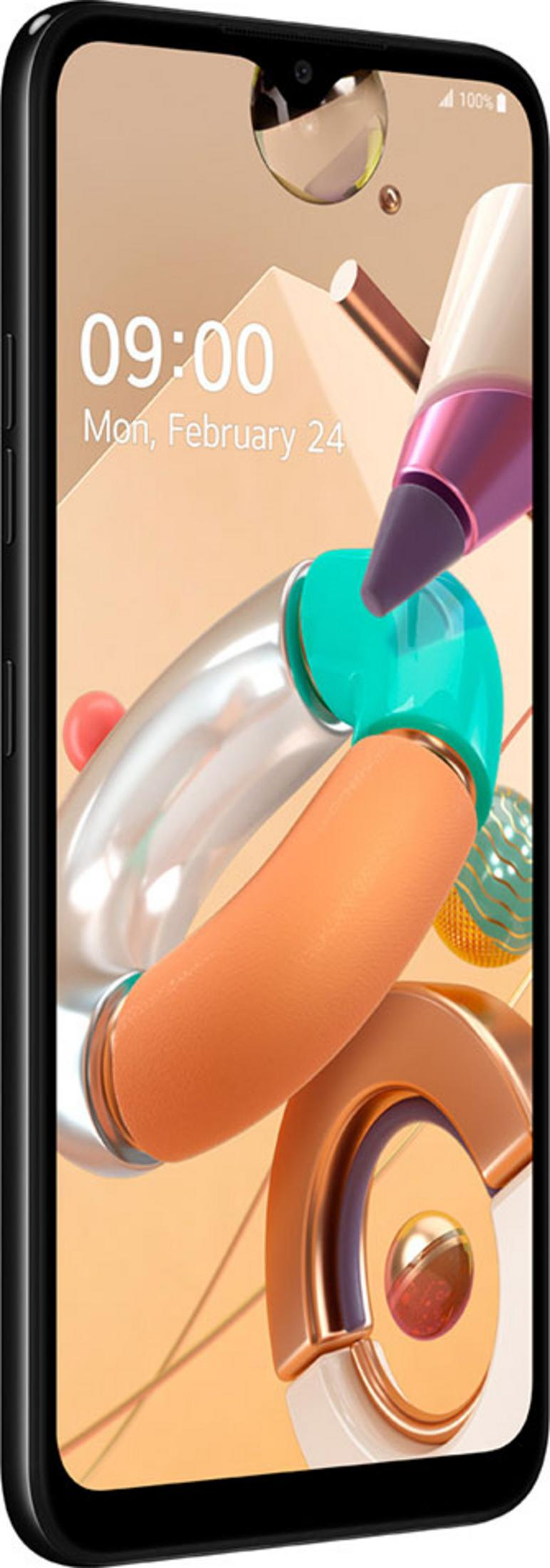 Ein Smartphone zeigt 09:00 Uhr, Montag, 24. Feb. mit abstrakter Grafik.