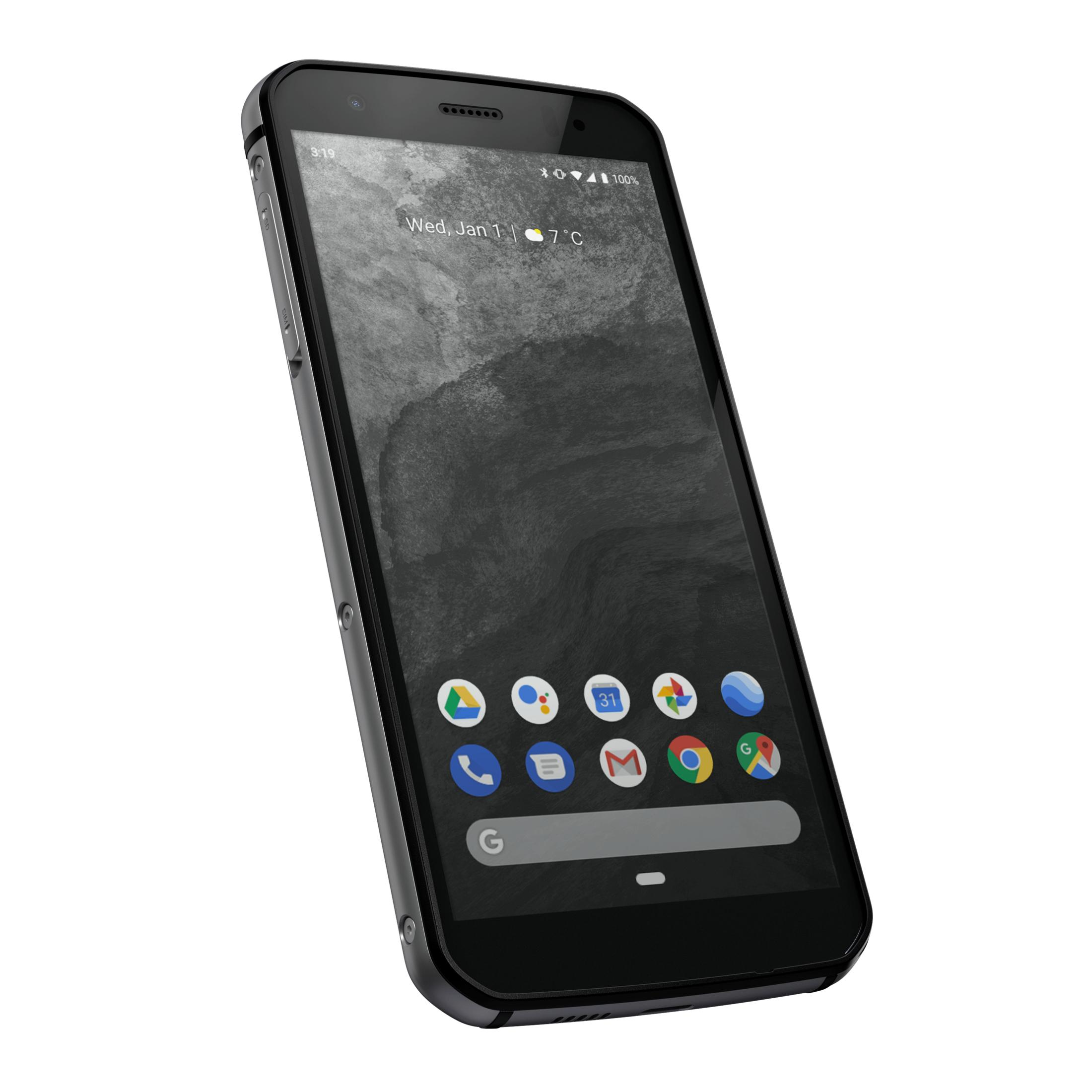 Schwarzes Smartphone mit zentriertem Display, das Apps und Uhrzeit anzeigt.