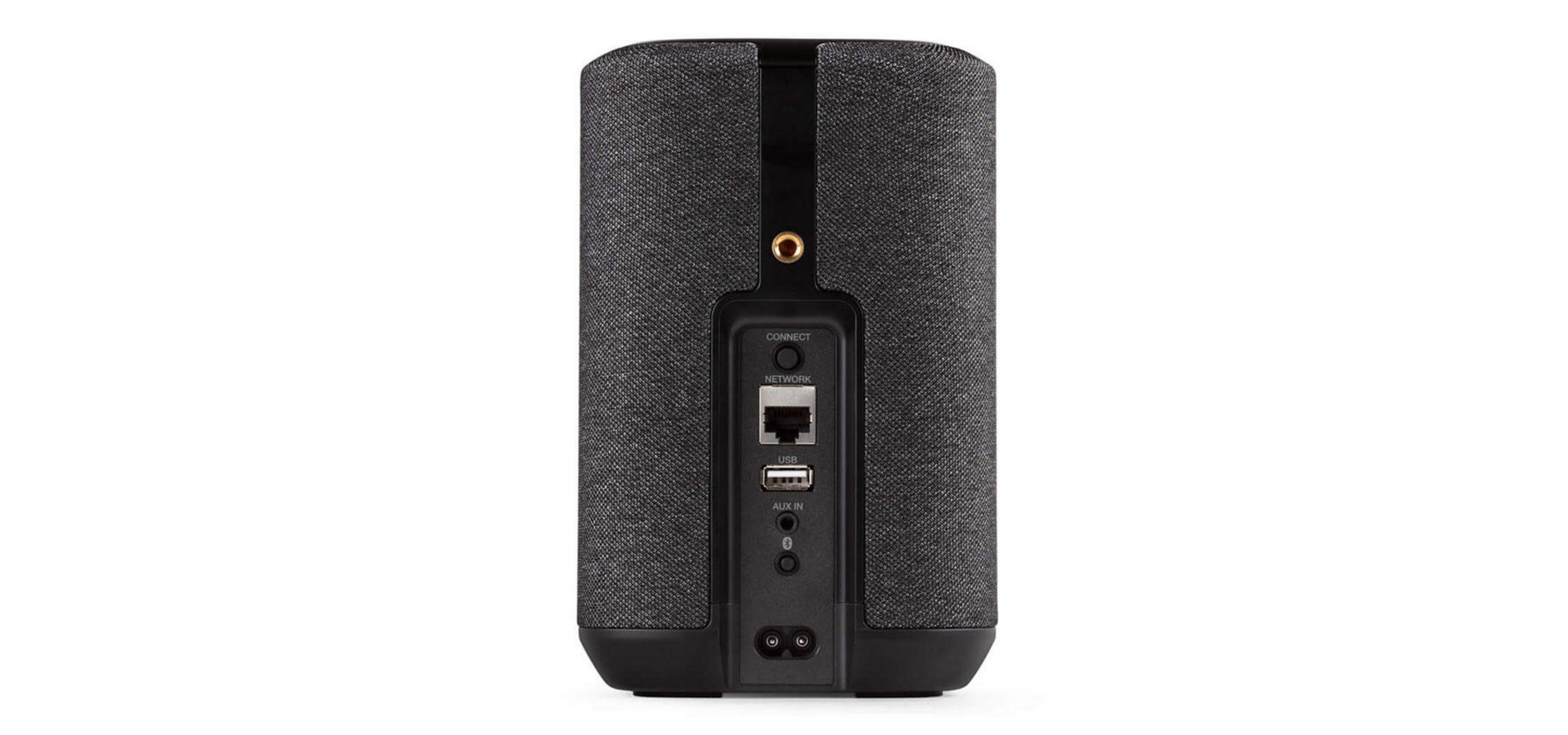 Rückseite eines schwarzen Lautsprechers mit Anschlüssen: Netzwerkkabel, USB, Aux In.