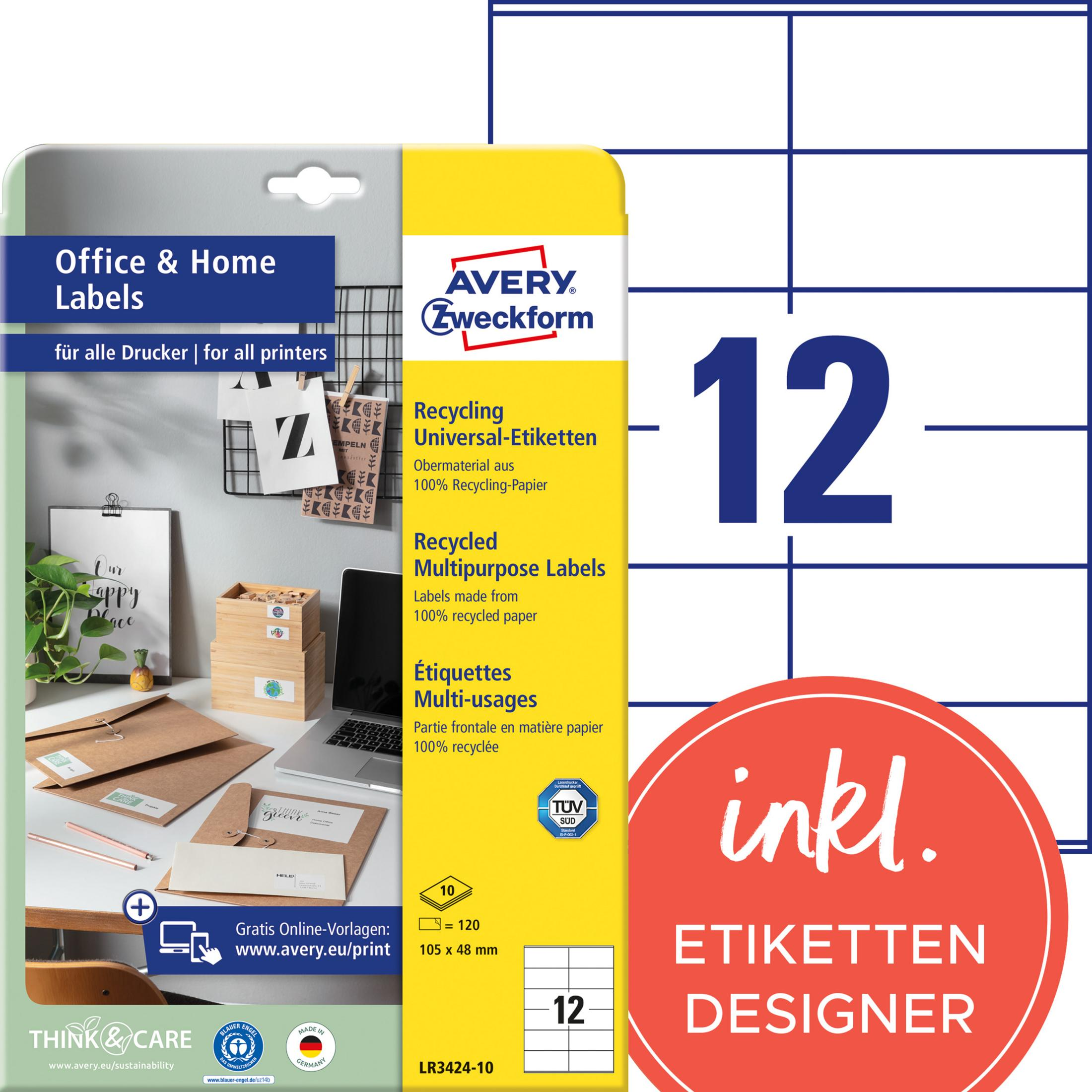 Avery Zweckform Recycling Etiketten: 120 Stück, 105x48mm, für alle Drucker.