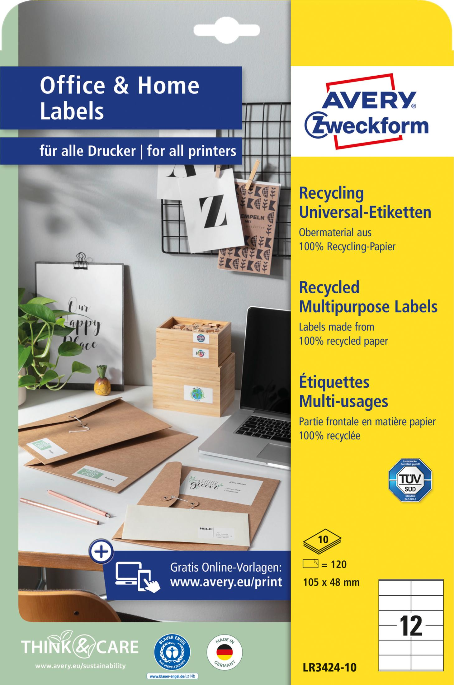 Avery Zweckform Office & Home Labels Verpackung mit Büromaterial und Laptop.