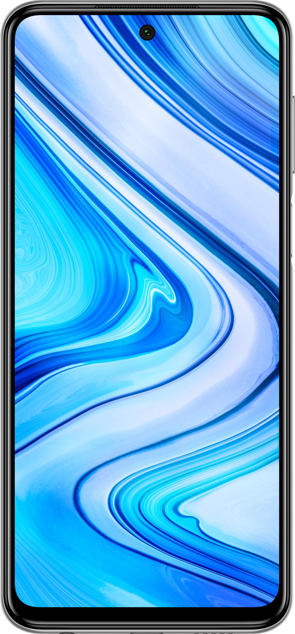 Smartphone met blauw, wervelend behang en kleine camera aan de voorkant bovenaan.