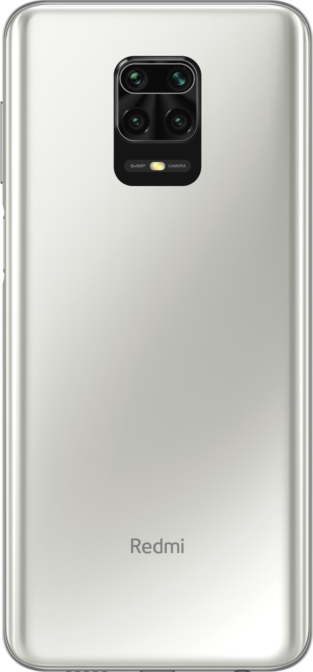 Achterkant van een witte Redmi smartphone met 64MP camerapan.