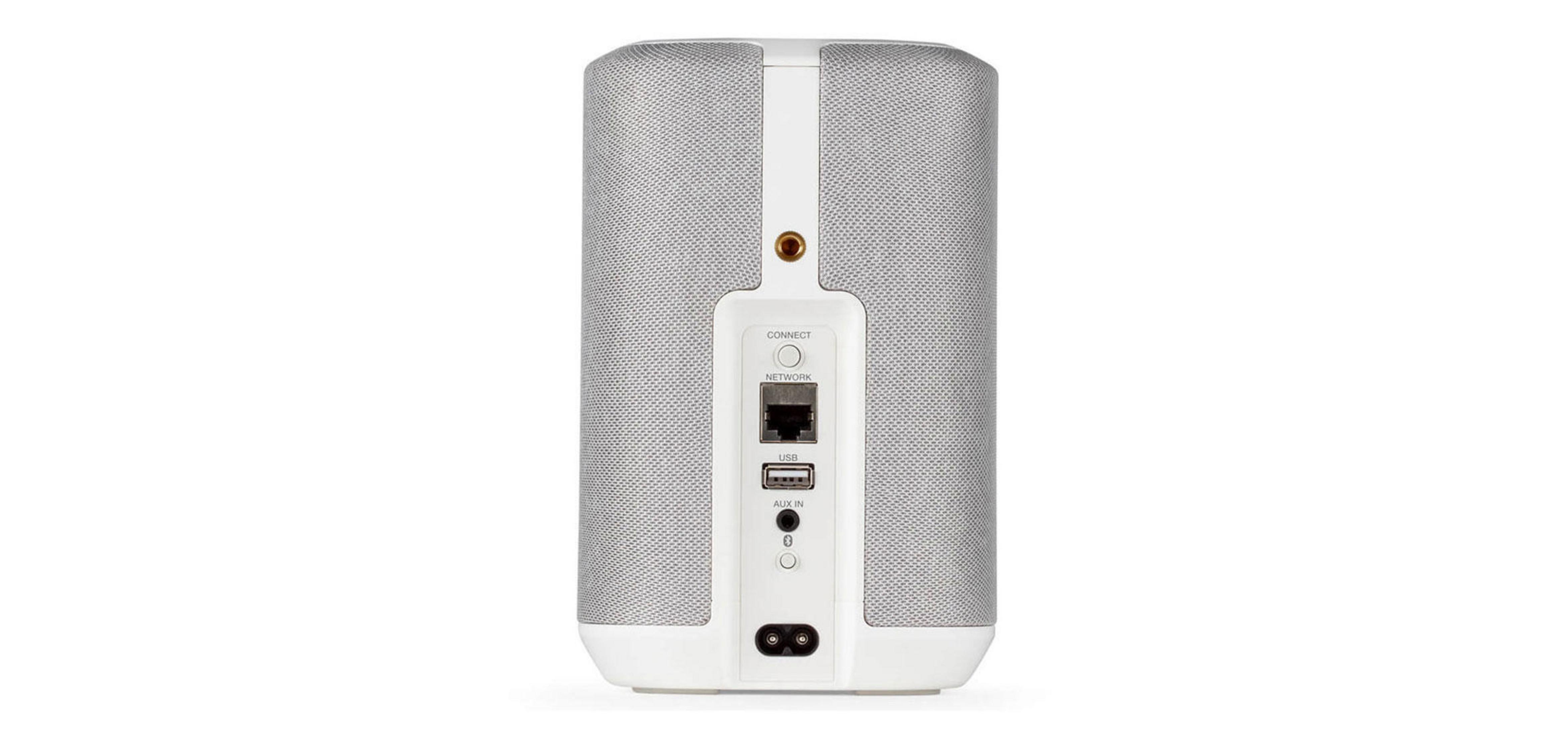 Weier Lautsprecher mit Anschlüssen: Connect, Netzwerk, USB, Aux In.