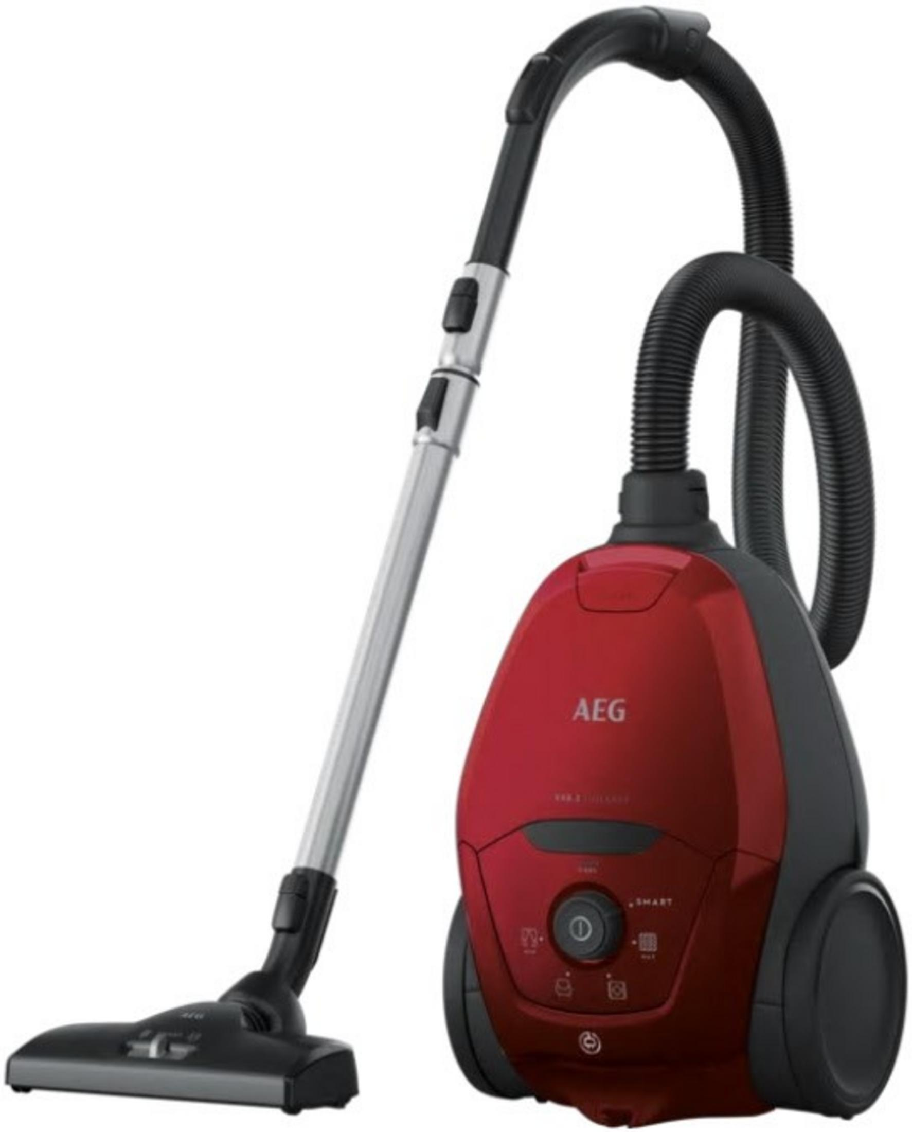 A red AEG vacuum cleaner with hose and floor nozzle on a white background.