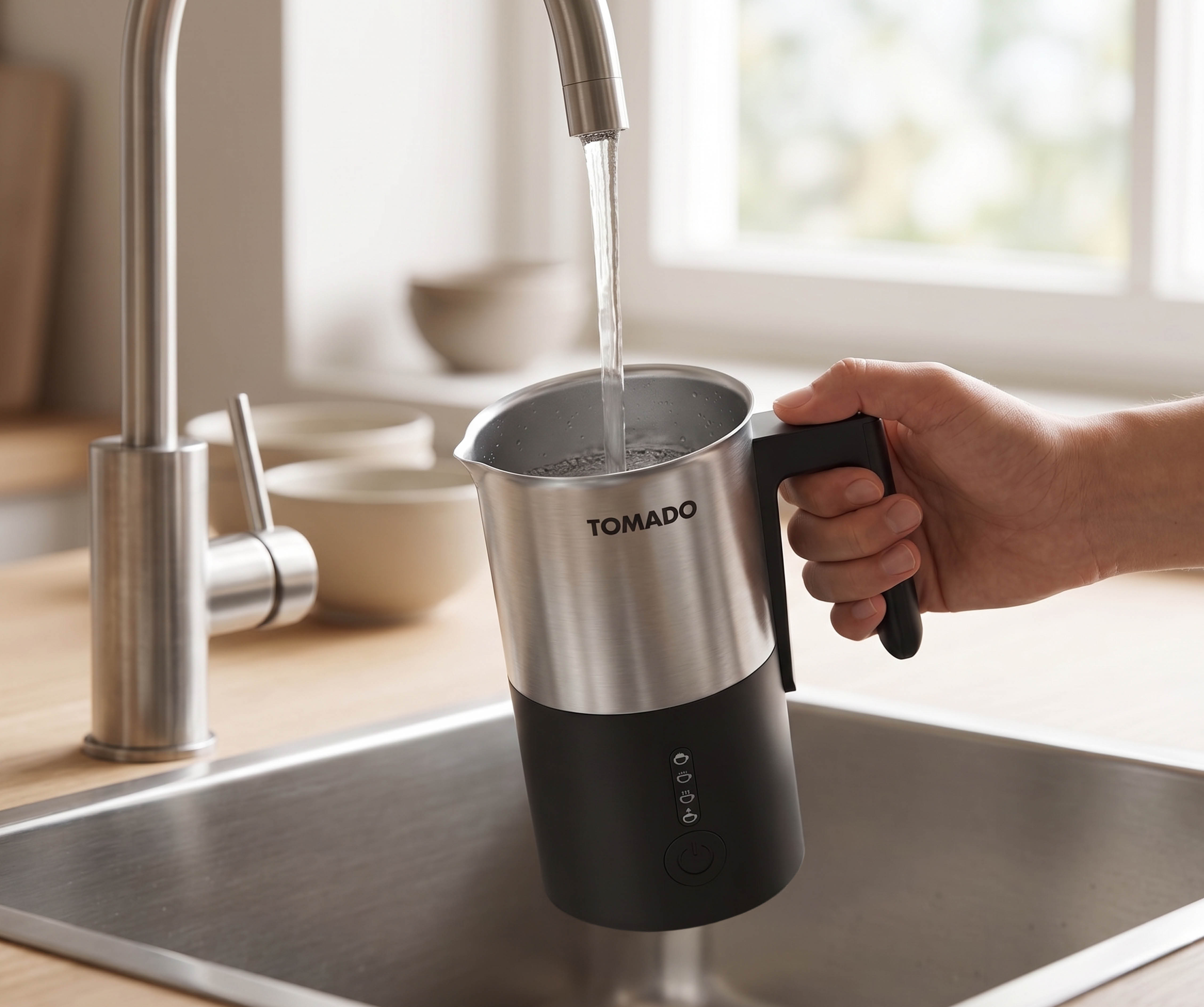 Wasser läuft aus einem Wasserhahn in einen silbernen und schwarzen Behälter, gehalten von einer Hand.