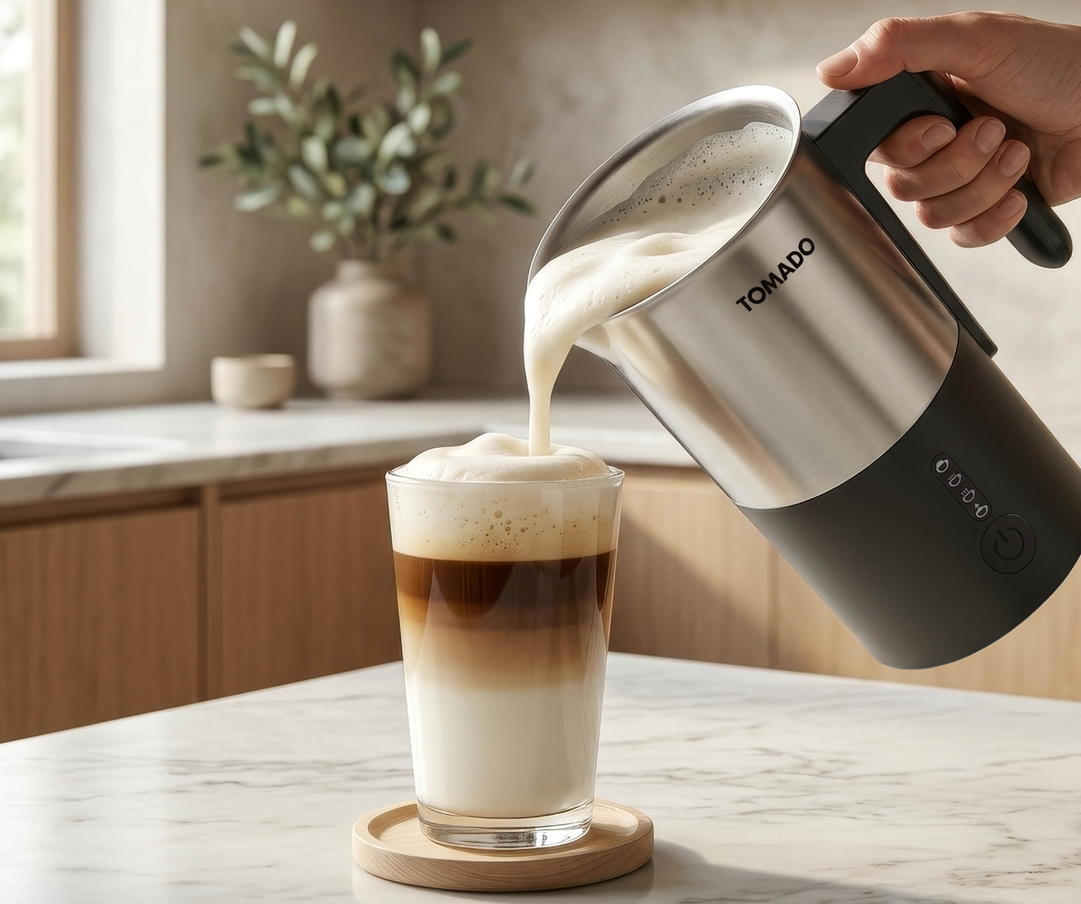 Eine Hand gießt Milchschaum aus einem silbernen Tomado-Milchaufschäumer in ein Glas mit geschichtetem Kaffee.