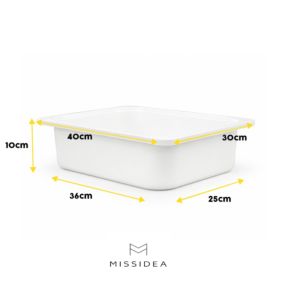 40x30x10cm ve 36x25cm boyutlarında beyaz bir kap.