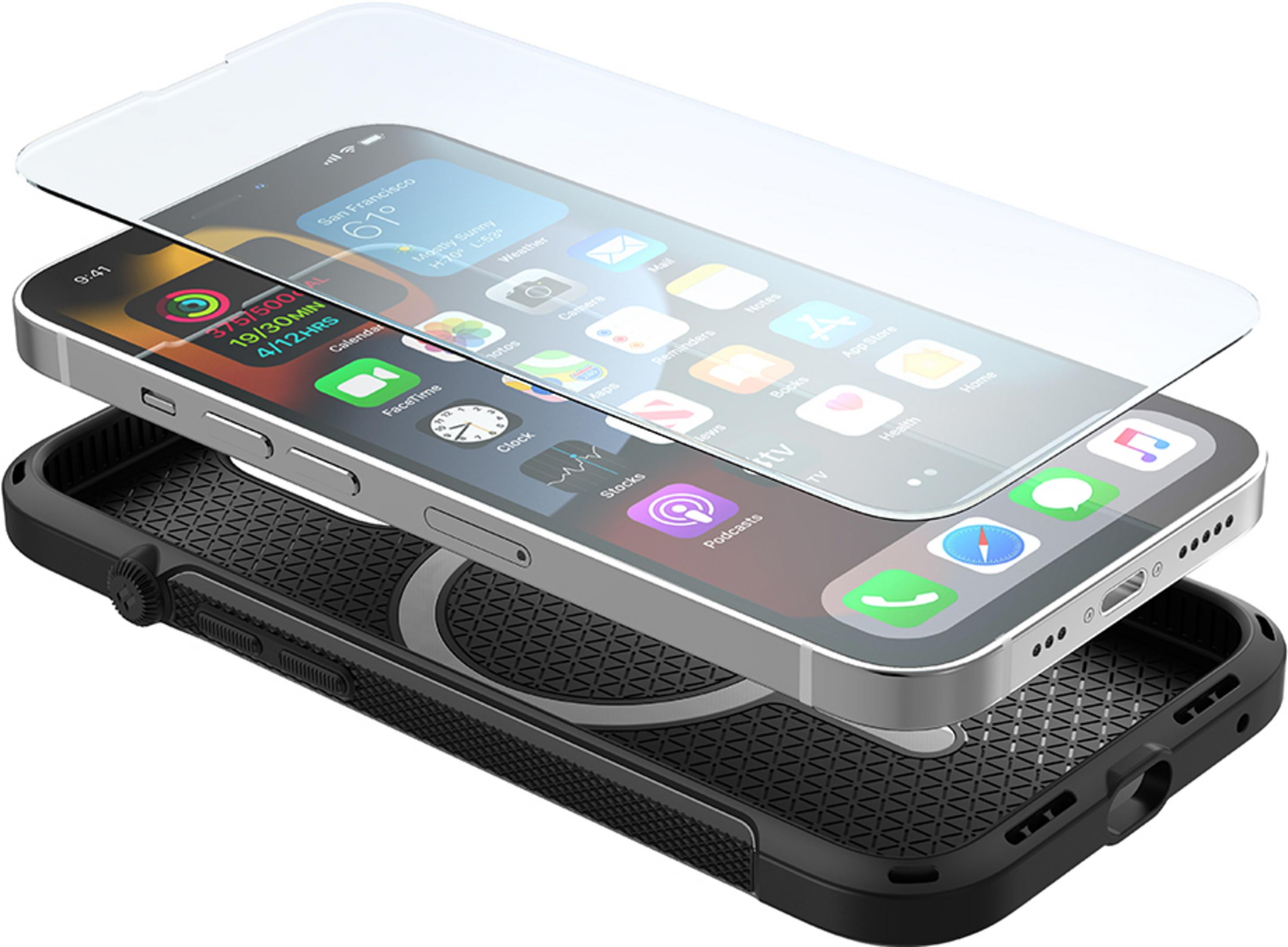 Ein Smartphone mit einer Displayschutzfolie und einer schwarzen Hülle.